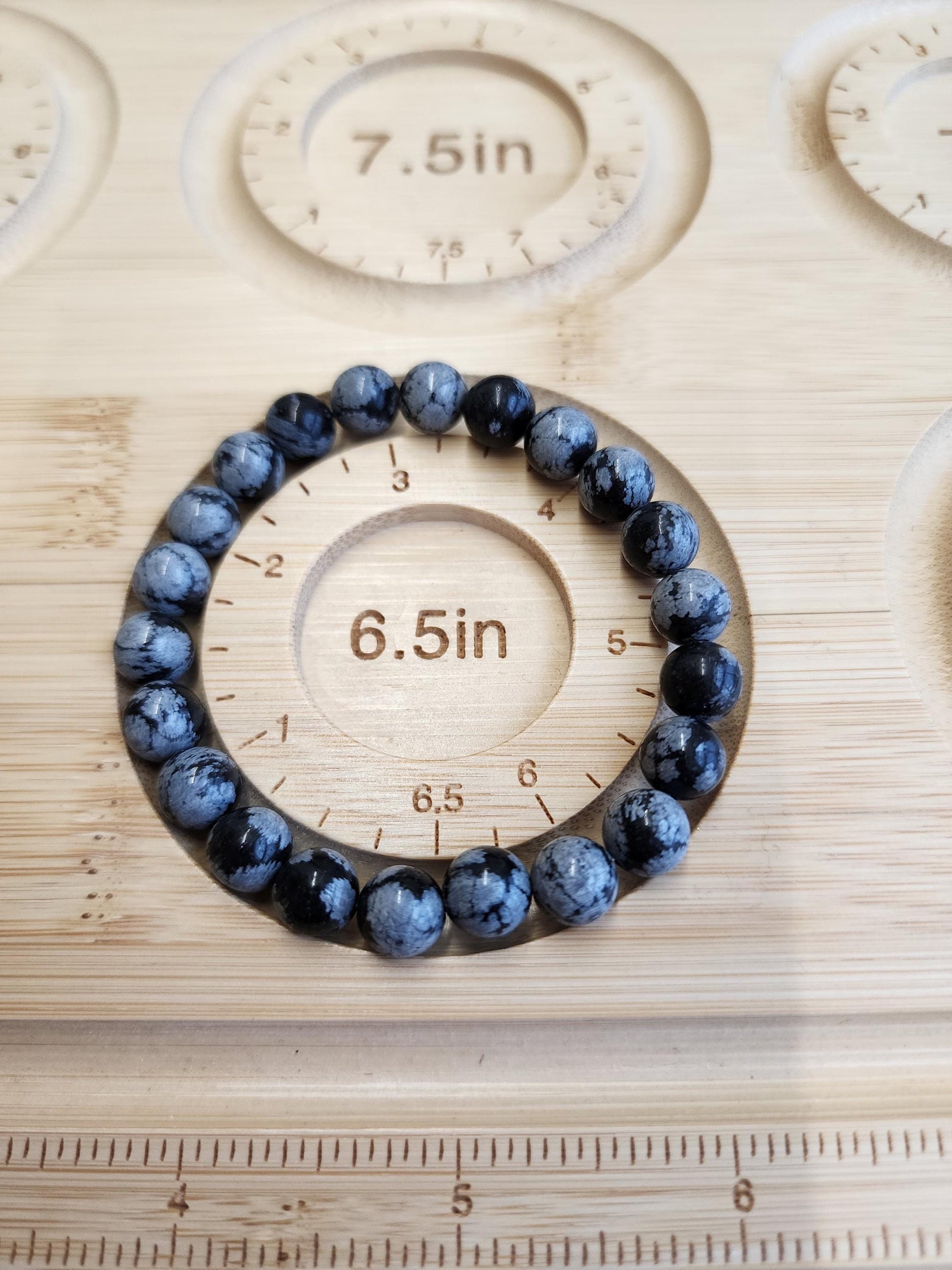 Snowflake Obsidian Bracelet | 8MM Black Crystal Beads with White Chrysanthemum Blooms | Gothic Gift for Women & Men | Matching Couple Idea