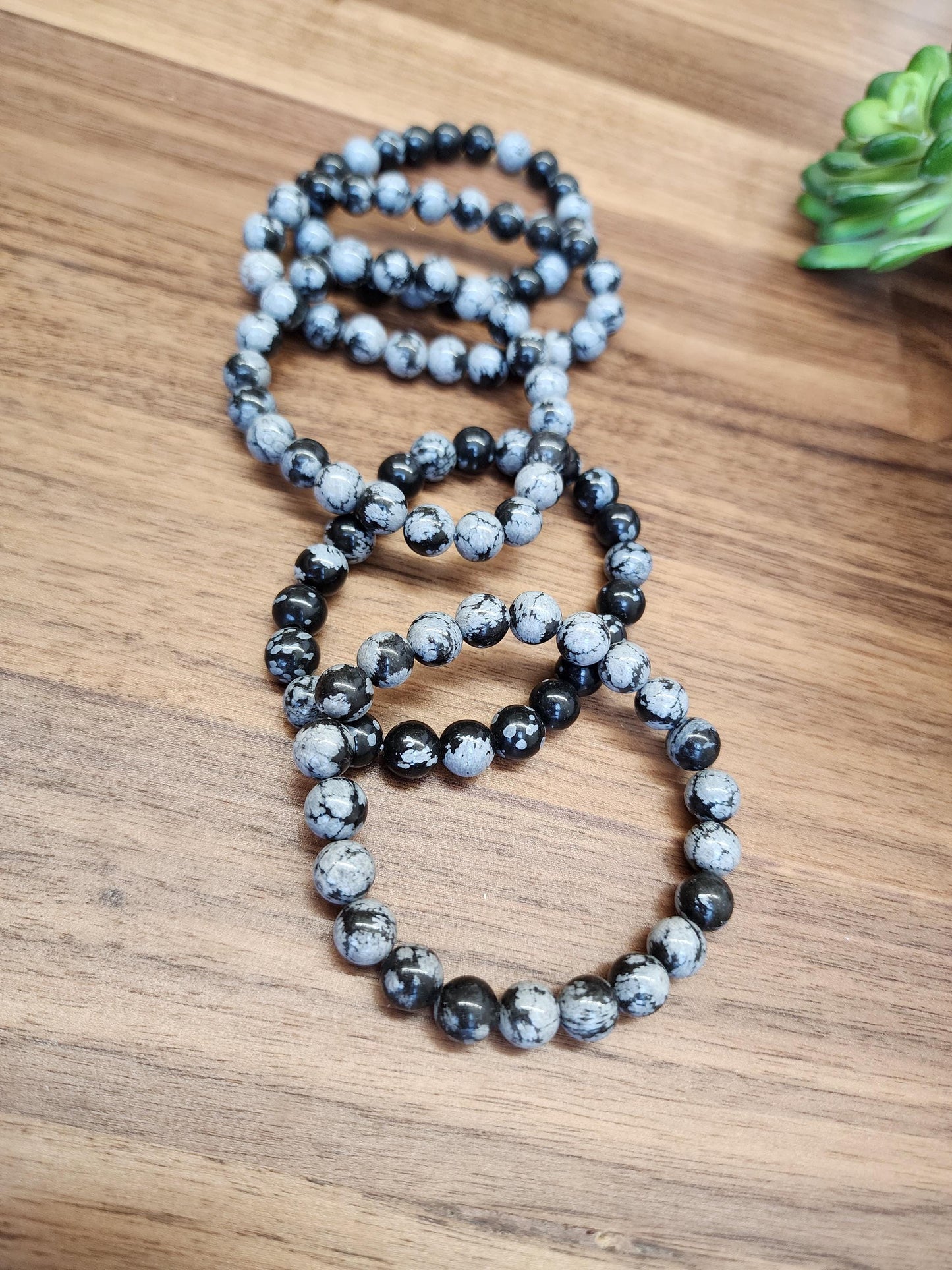 Snowflake Obsidian Bracelet | 8MM Black Crystal Beads with White Chrysanthemum Blooms | Gothic Gift for Women & Men | Matching Couple Idea
