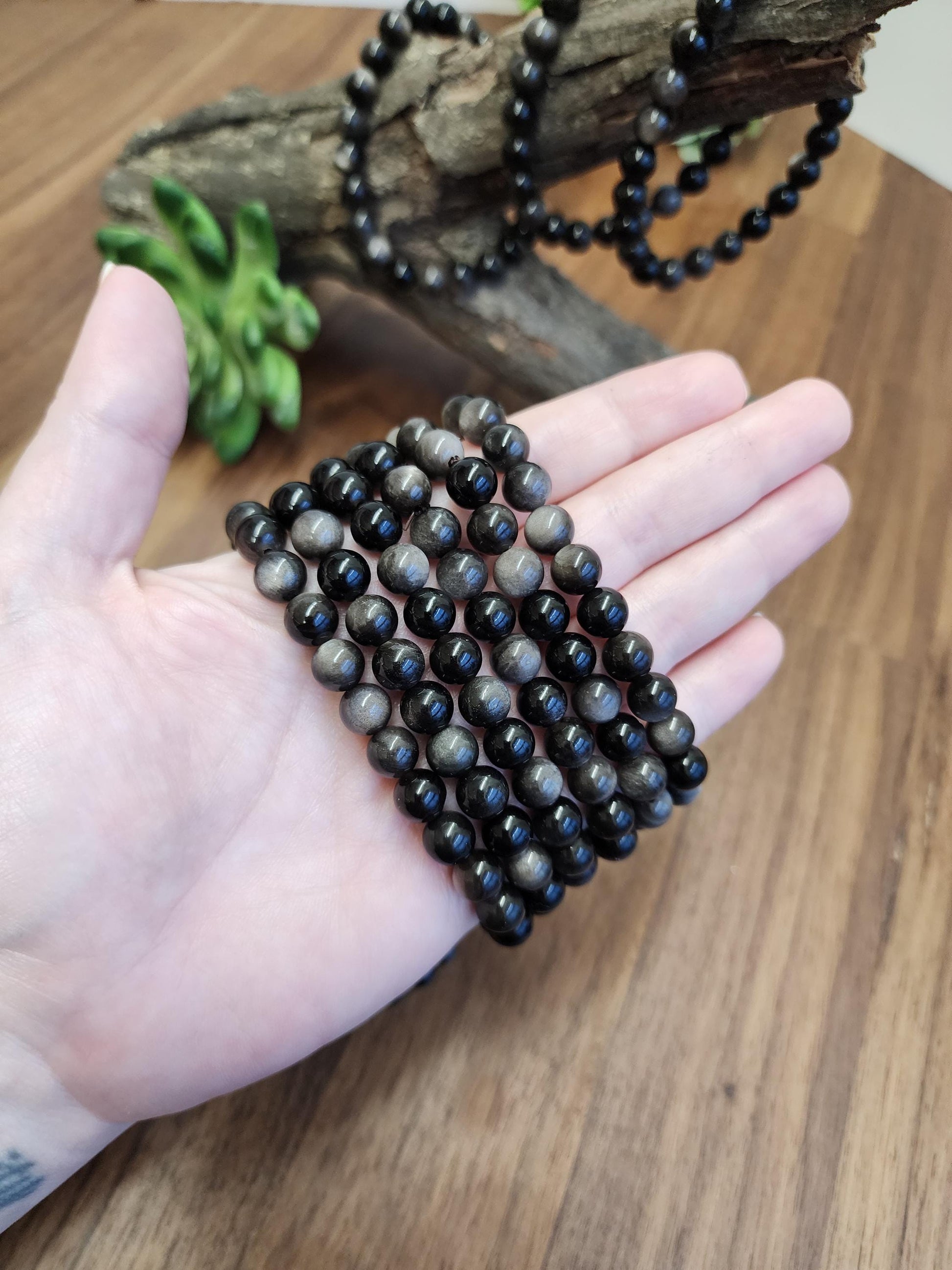Silver Sheen Obsidian Bracelet: 8MM Natural Black Crystal Beads with Silver Gray Chatoyant Effect | Cool Gift for Rock Collectors Kids