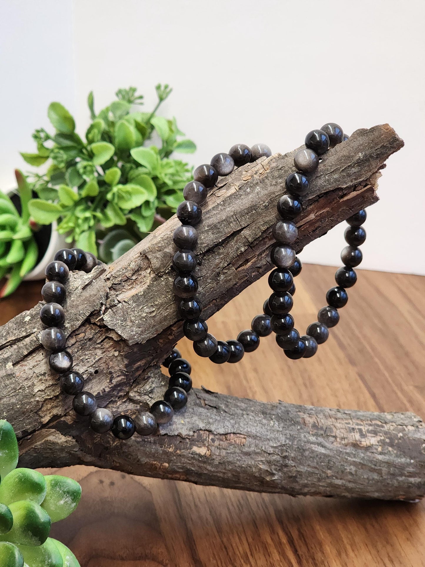 Silver Sheen Obsidian Bracelet: 8MM Natural Black Crystal Beads with Silver Gray Chatoyant Effect | Cool Gift for Rock Collectors Kids
