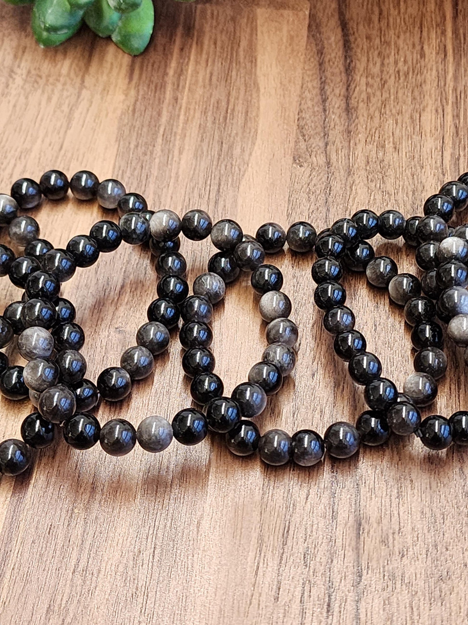 Silver Sheen Obsidian Bracelet: 8MM Natural Black Crystal Beads with Silver Gray Chatoyant Effect | Cool Gift for Rock Collectors Kids