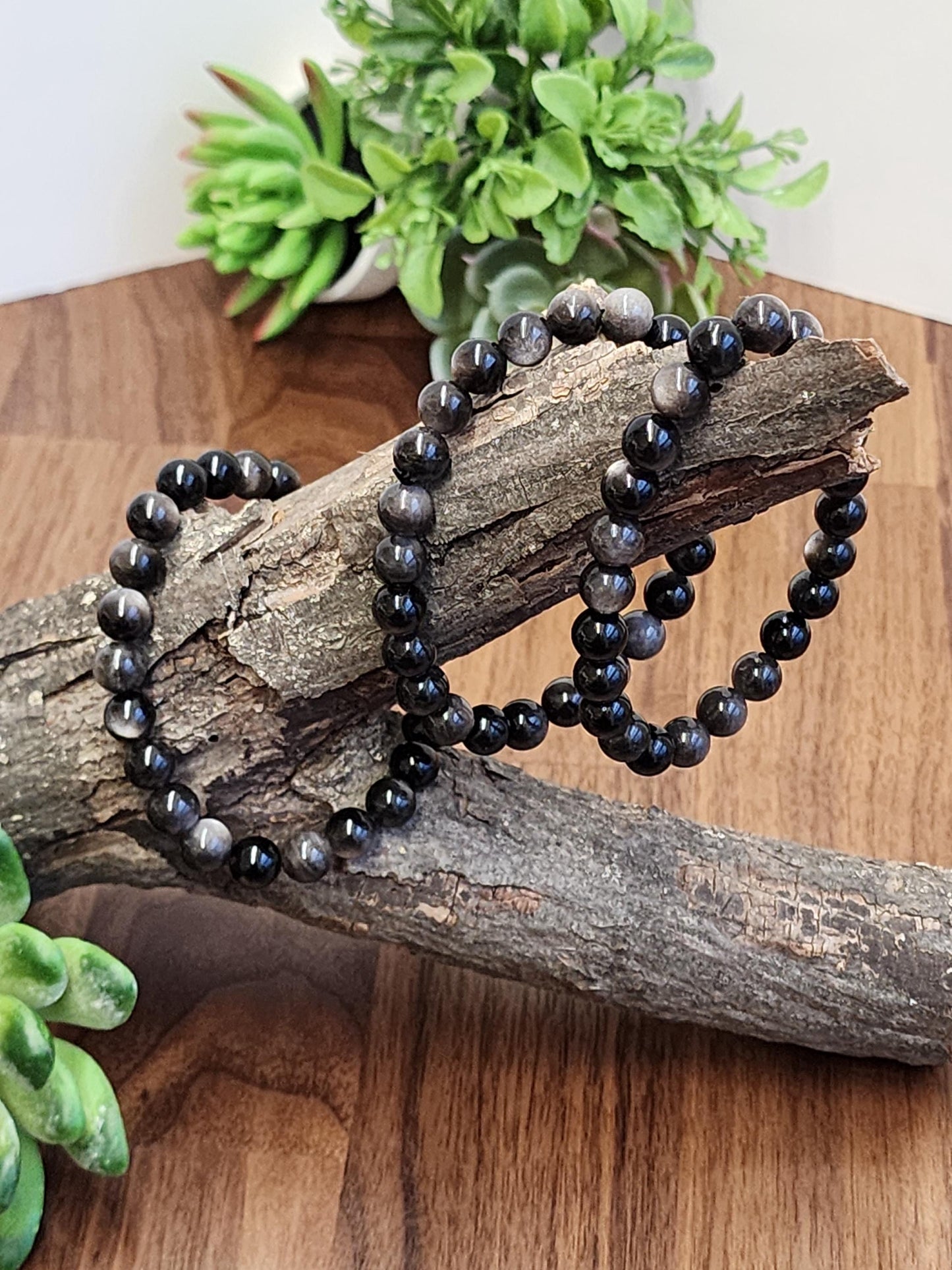 Silver Sheen Obsidian Bracelet: 8MM Natural Black Crystal Beads with Silver Gray Chatoyant Effect | Cool Gift for Rock Collectors Kids
