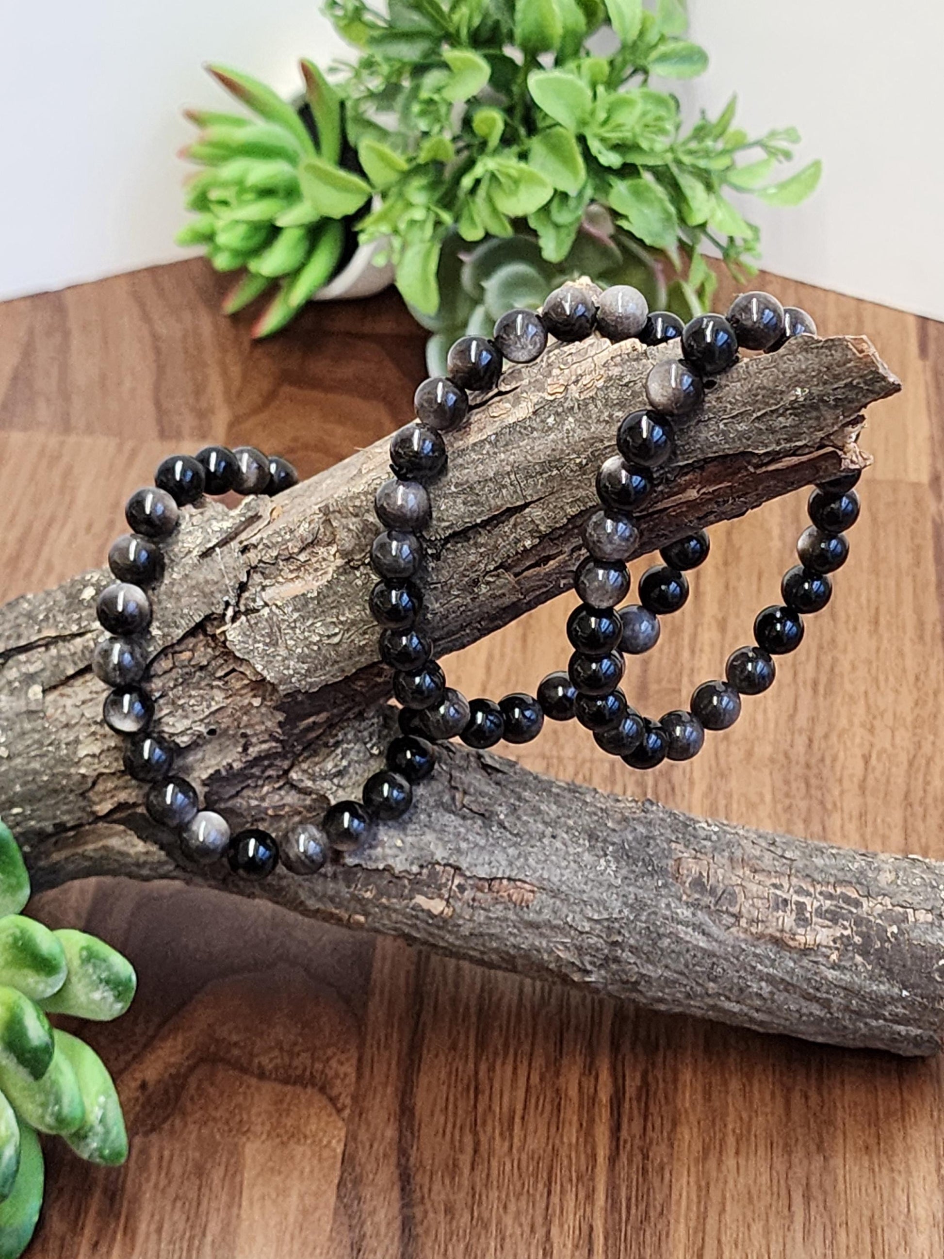 Silver Sheen Obsidian Bracelet: 8MM Natural Black Crystal Beads with Silver Gray Chatoyant Effect | Cool Gift for Rock Collectors Kids
