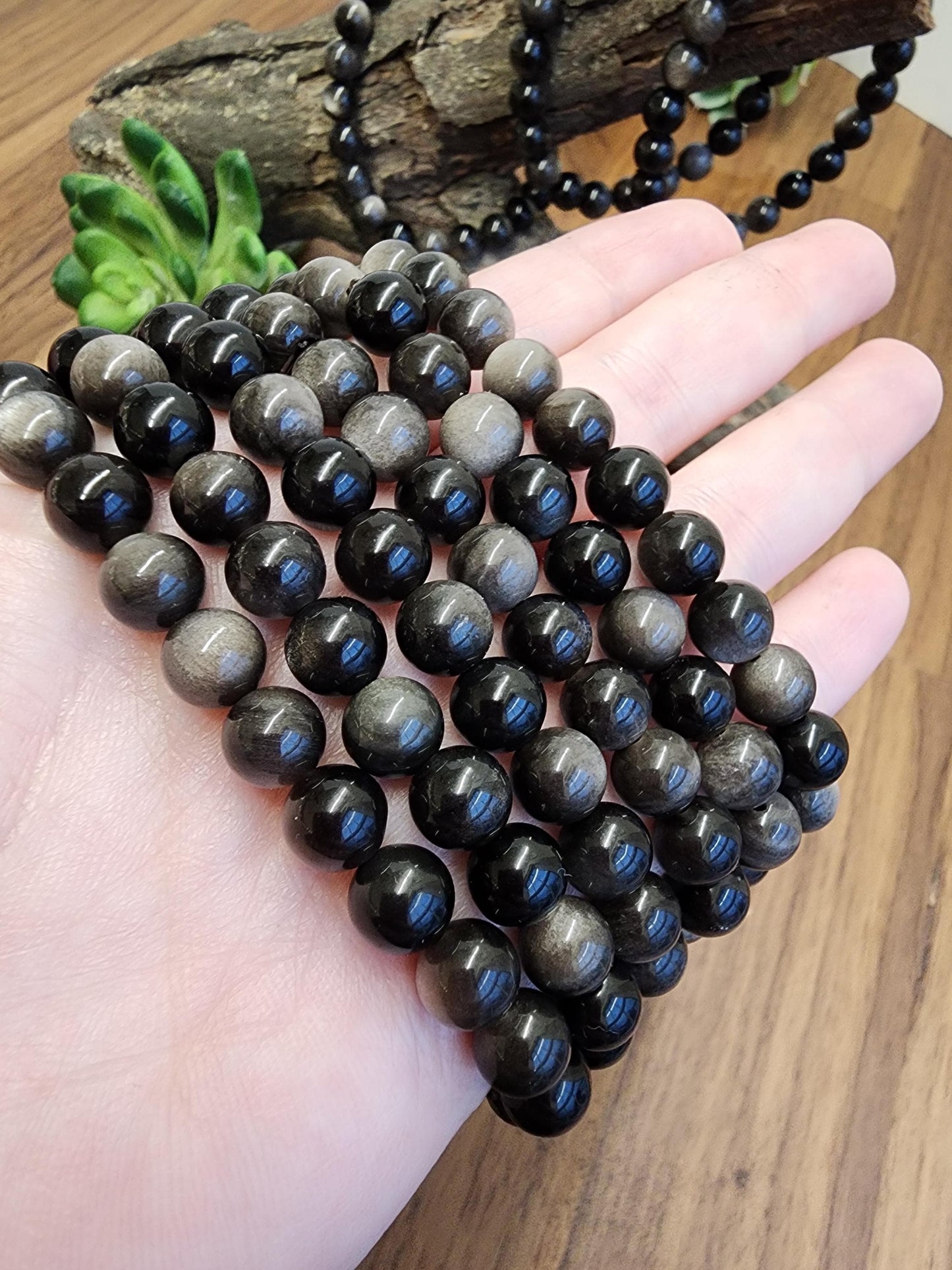 Silver Sheen Obsidian Bracelet: 8MM Natural Black Crystal Beads with Silver Gray Chatoyant Effect | Cool Gift for Rock Collectors Kids