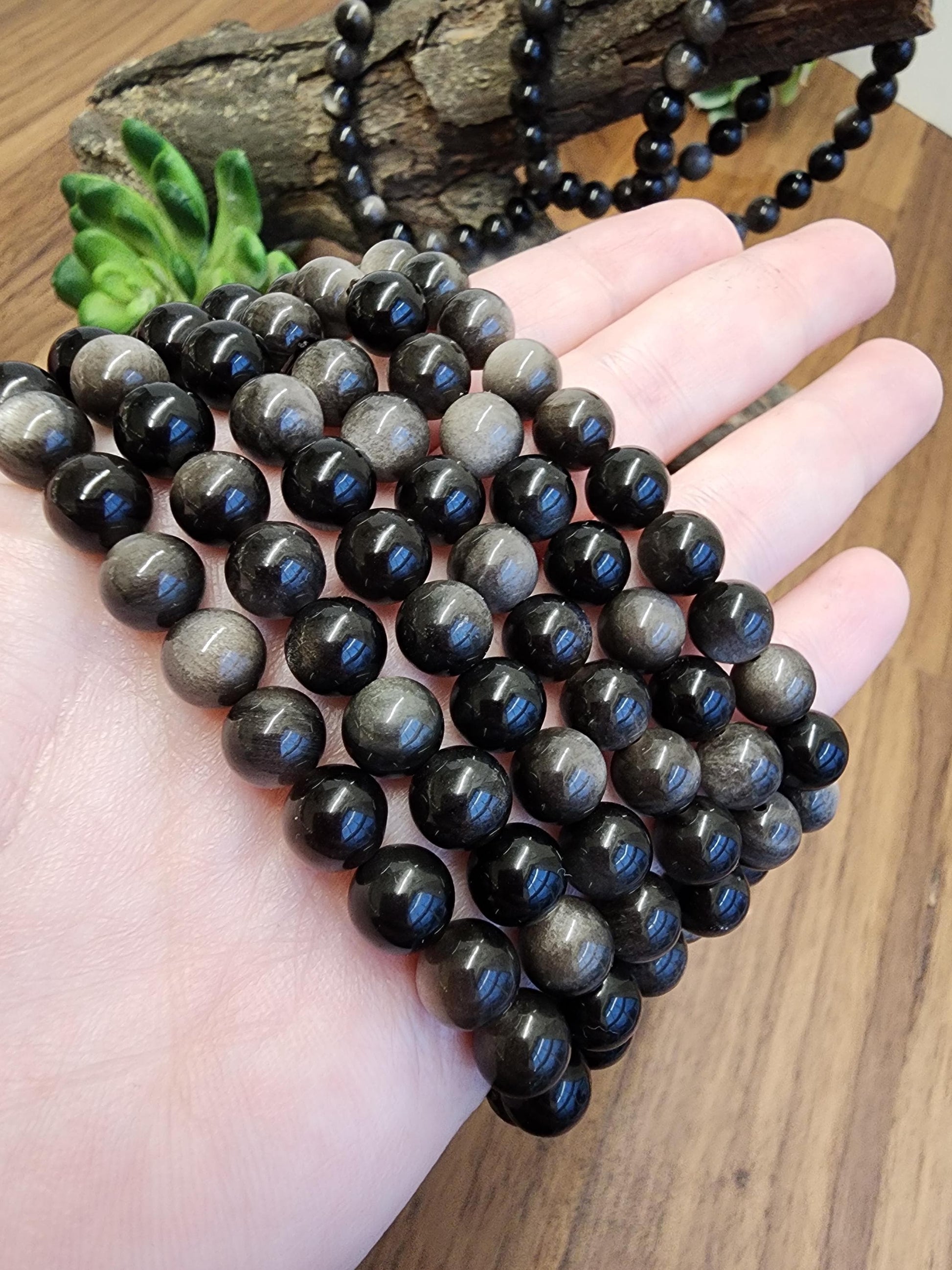 Silver Sheen Obsidian Bracelet: 8MM Natural Black Crystal Beads with Silver Gray Chatoyant Effect | Cool Gift for Rock Collectors Kids