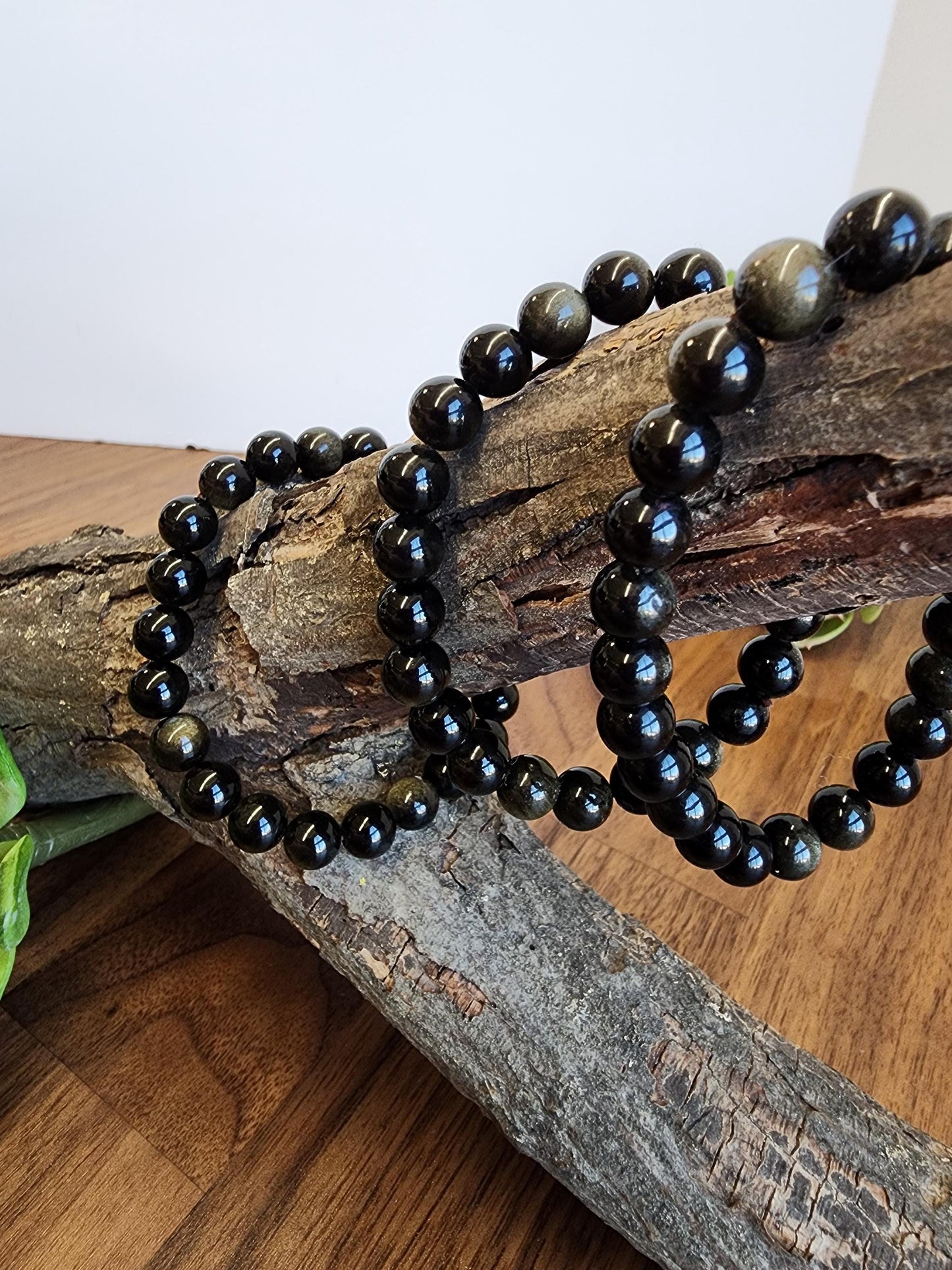 Gold Sheen Obsidian Bracelet: 8MM Natural Black Crystal Beads with Golden Chatoyant Effect