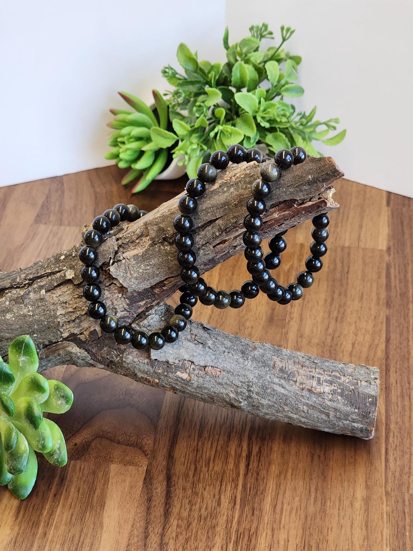 Gold Sheen Obsidian Bracelet: 8MM Natural Black Crystal Beads with Golden Chatoyant Effect