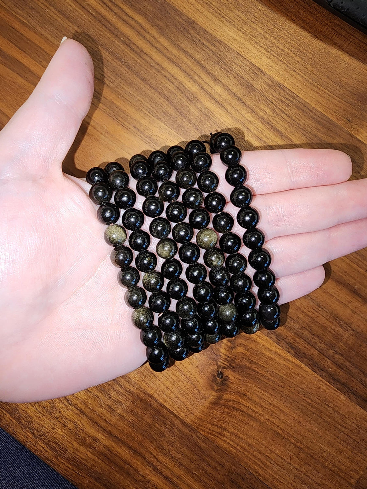 Gold Sheen Obsidian Bracelet: 8MM Natural Black Crystal Beads with Golden Chatoyant Effect