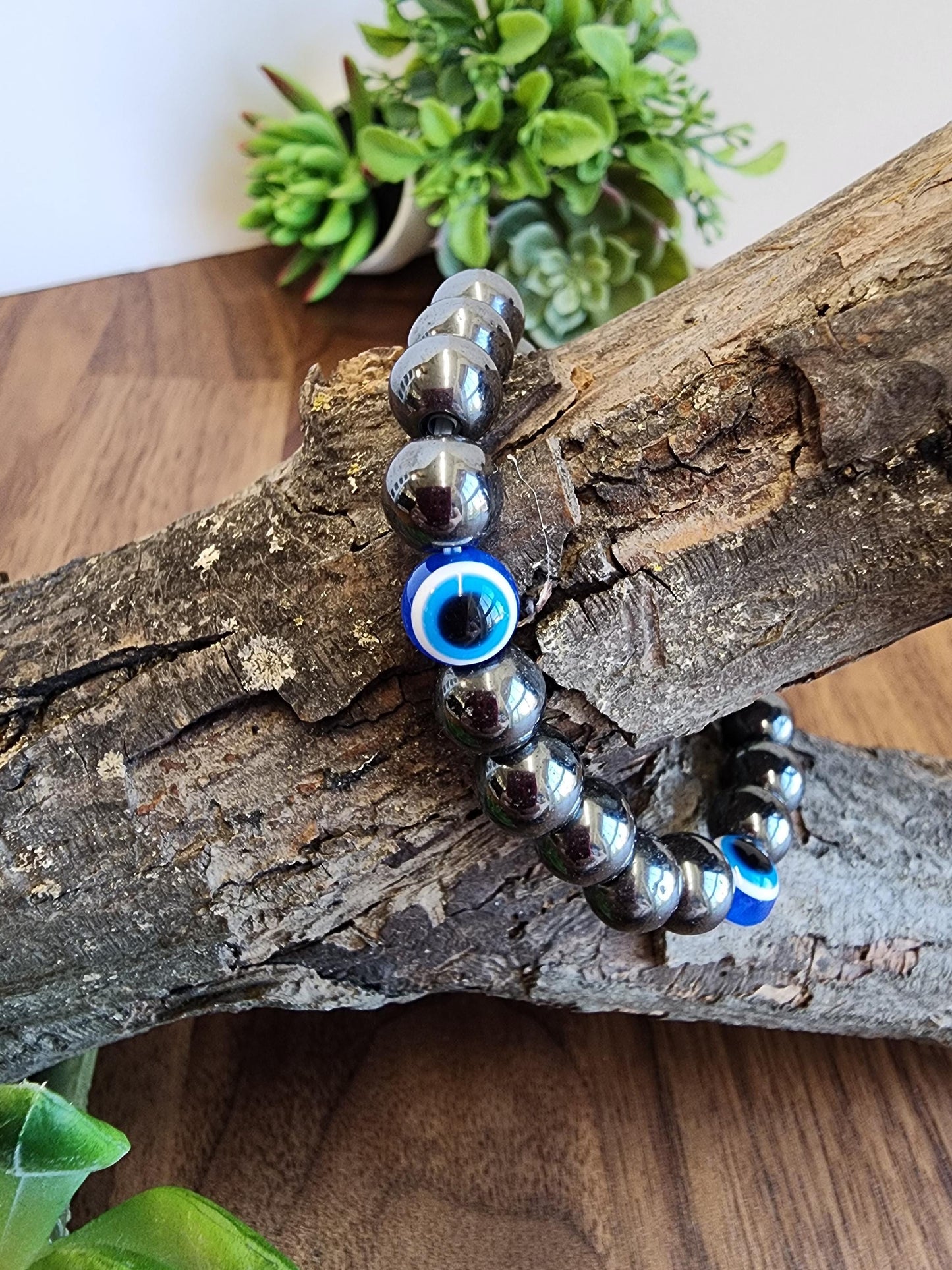 Evil Eye Hematite Bracelet: 8MM Tera Hertz Beads with Blue & Black Protection Charms