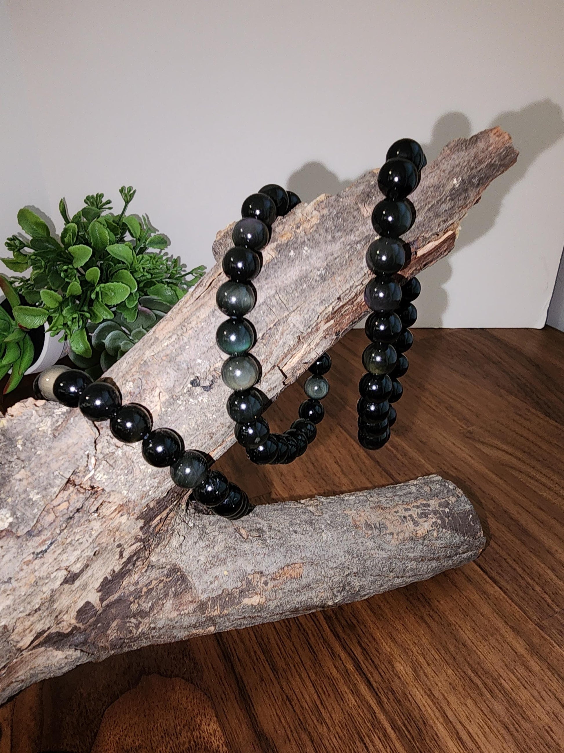 Rainbow Obsidian Bracelet: 8MM Natural Black Crystal Beads with Purple, Green Chatoyant Effect | Subtle LGBTQ+ Jewelry | Pride Couple's Gift