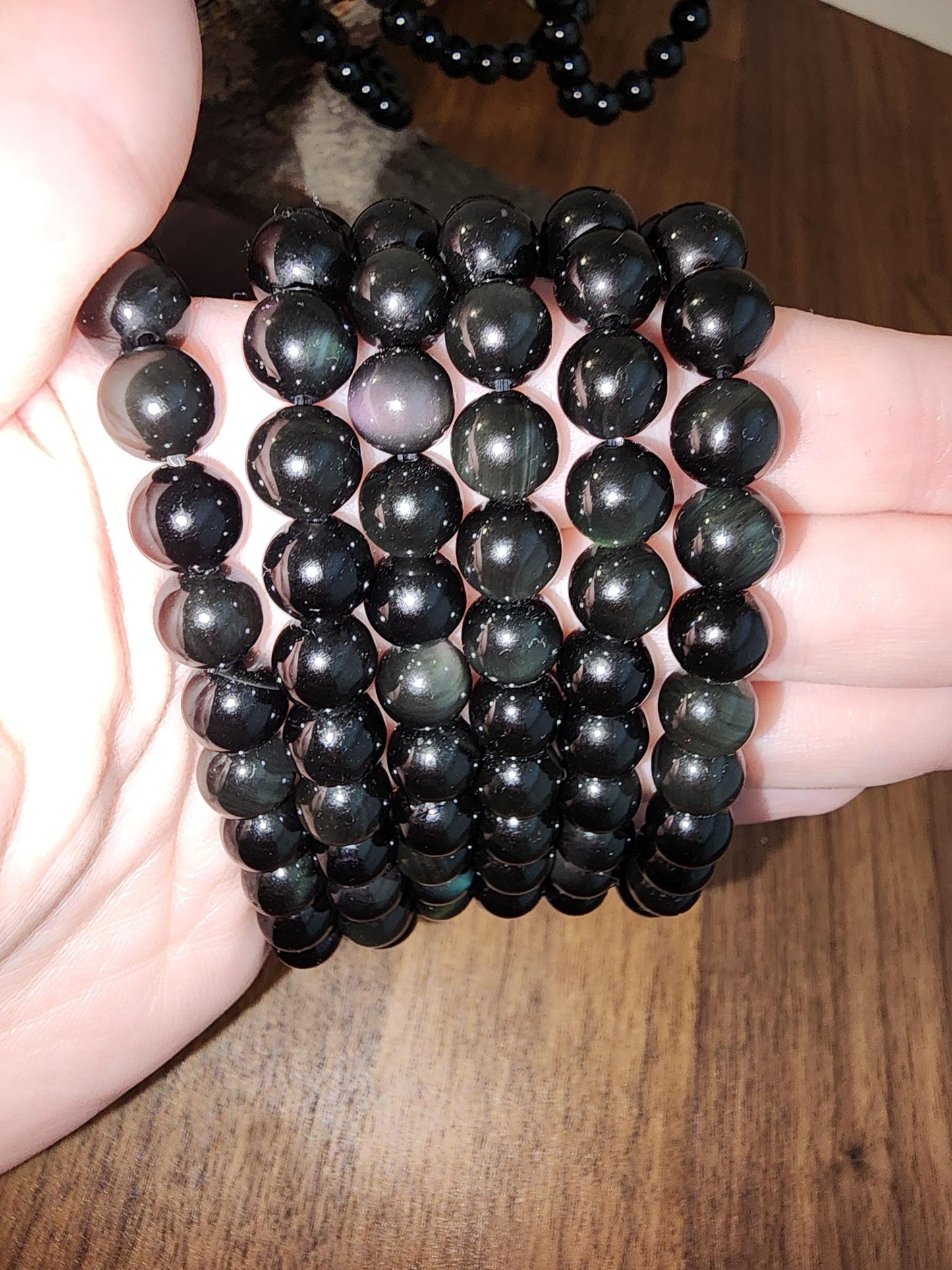 Rainbow Obsidian Bracelet: 8MM Natural Black Crystal Beads with Purple, Green Chatoyant Effect | Subtle LGBTQ+ Jewelry | Pride Couple's Gift