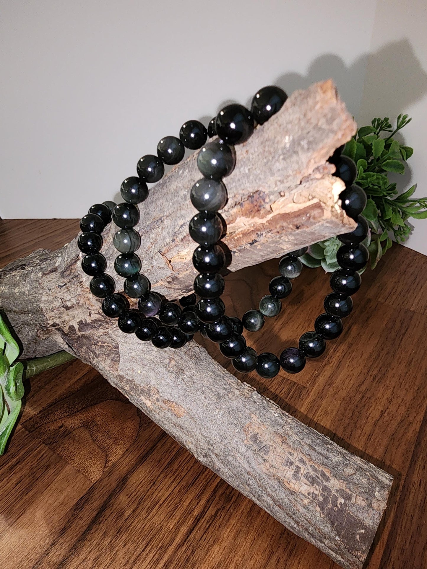 Rainbow Obsidian Bracelet: 8MM Natural Black Crystal Beads with Purple, Green Chatoyant Effect | Subtle LGBTQ+ Jewelry | Pride Couple's Gift
