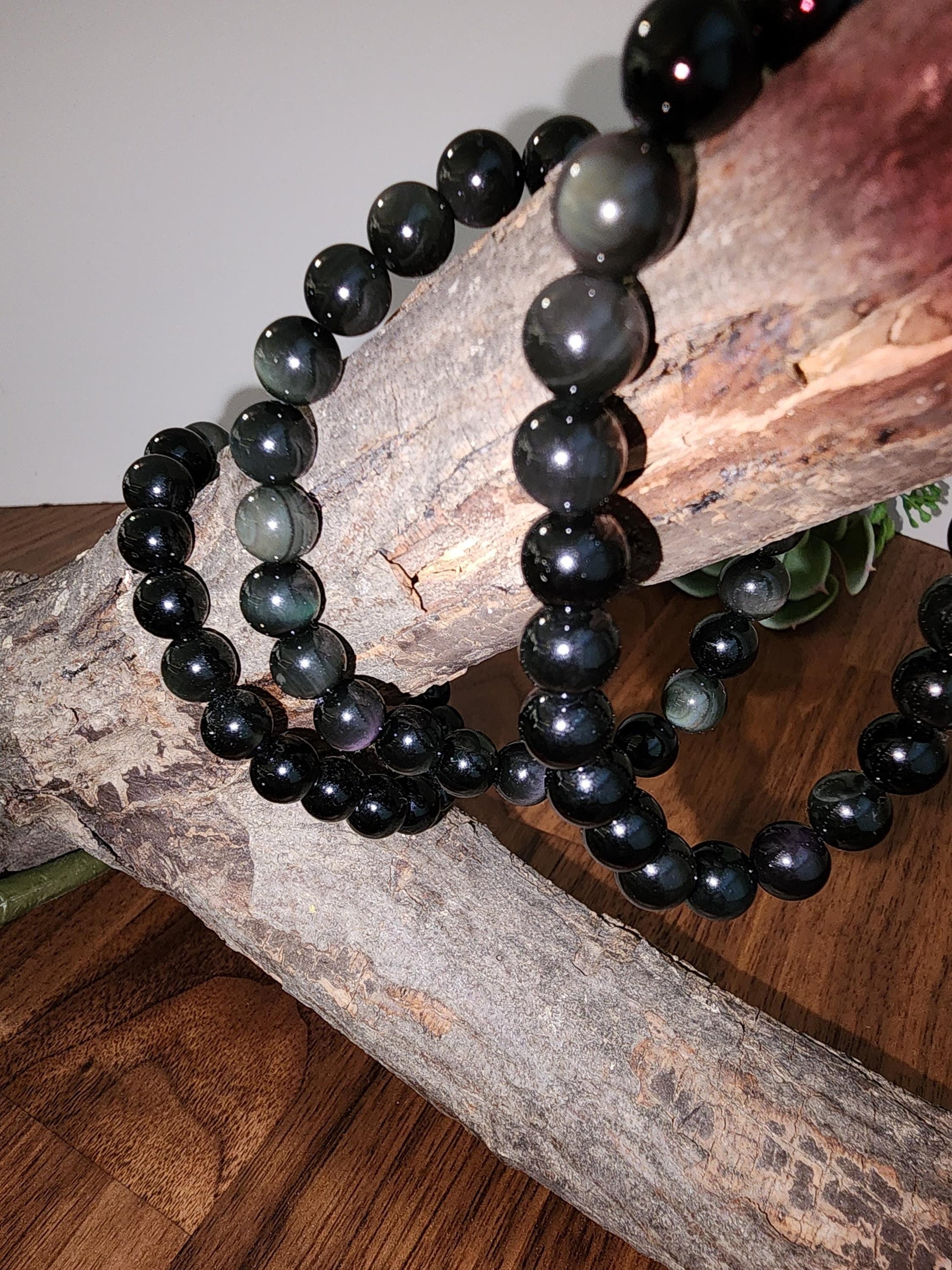 Rainbow Obsidian Bracelet: 8MM Natural Black Crystal Beads with Purple, Green Chatoyant Effect | Subtle LGBTQ+ Jewelry | Pride Couple's Gift