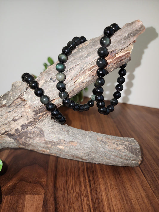 Rainbow Obsidian Bracelet: 8MM Natural Black Crystal Beads with Purple, Green Chatoyant Effect | Subtle LGBTQ+ Jewelry | Pride Couple's Gift