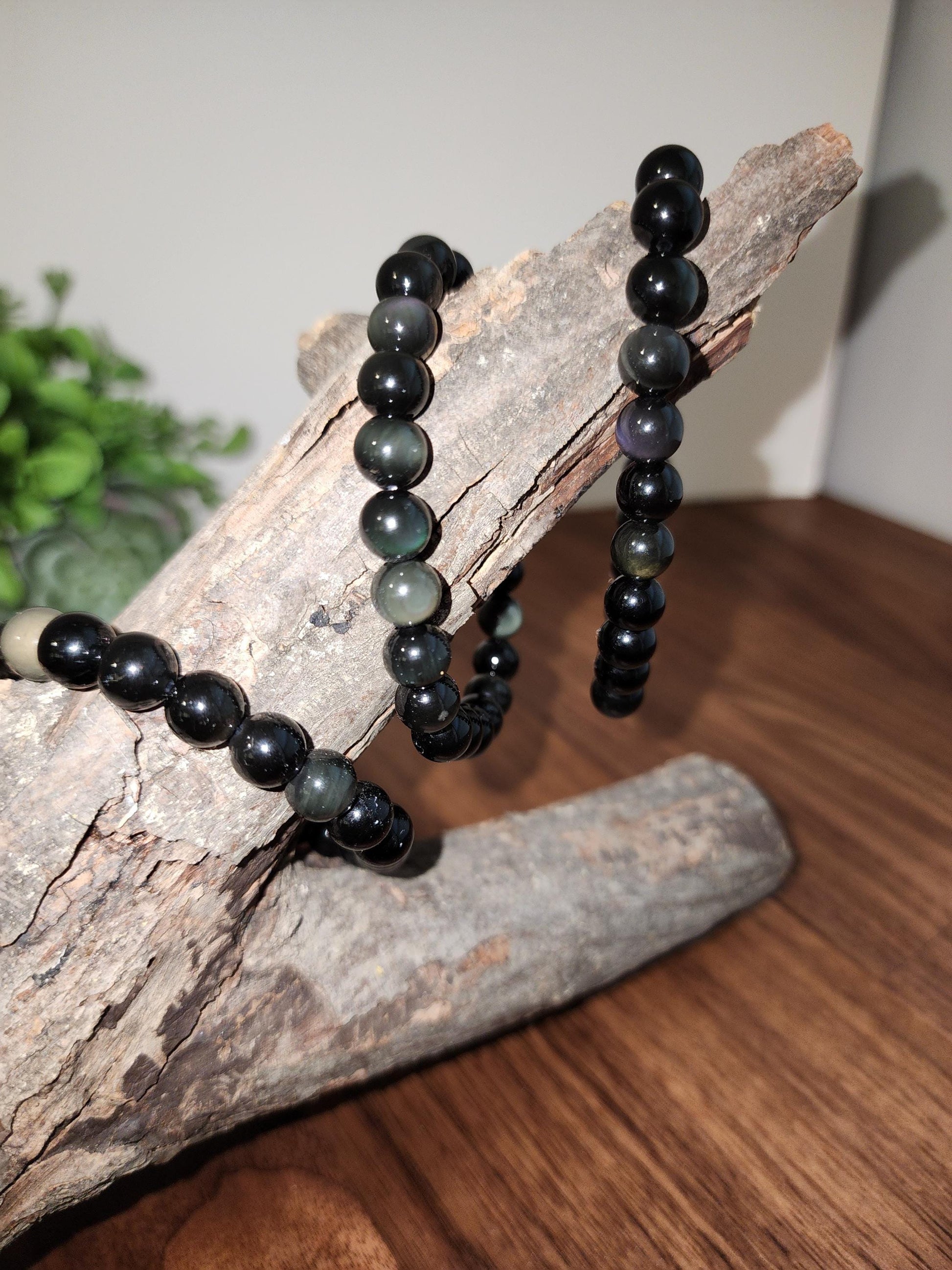 Rainbow Obsidian Bracelet: 8MM Natural Black Crystal Beads with Purple, Green Chatoyant Effect | Subtle LGBTQ+ Jewelry | Pride Couple's Gift