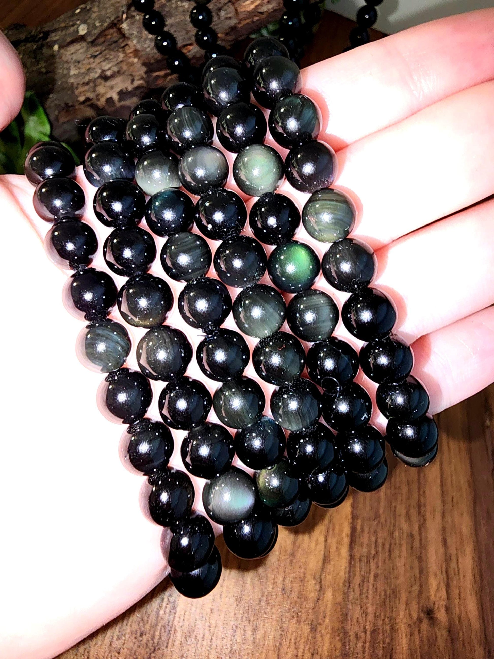 Rainbow Obsidian Bracelet: 8MM Natural Black Crystal Beads with Purple, Green Chatoyant Effect | Subtle LGBTQ+ Jewelry | Pride Couple's Gift