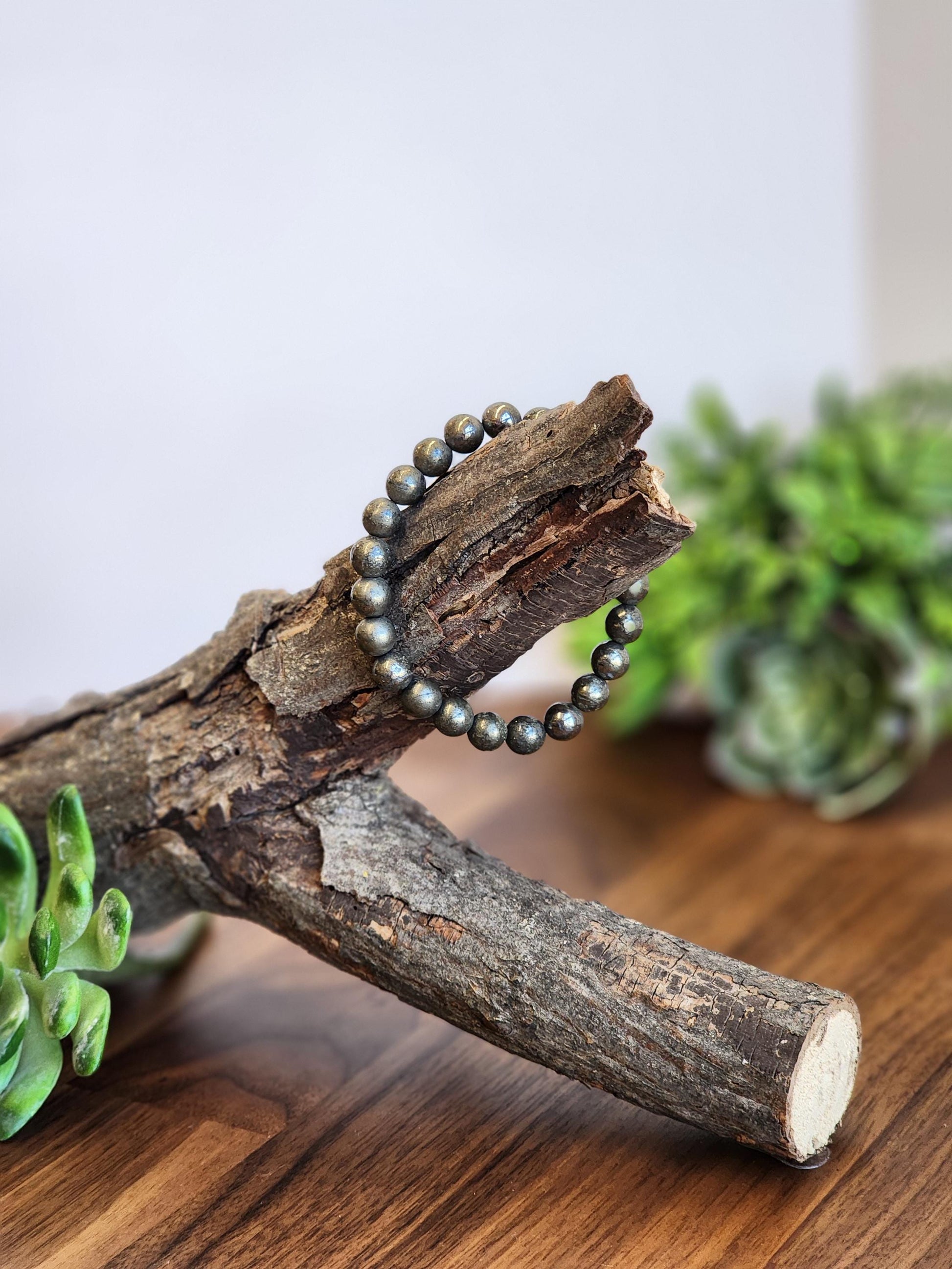 Pyrite (Fools Gold) Bracelet: 8MM Natural Crystal Beads | Subtle Golden Metalic Jewely