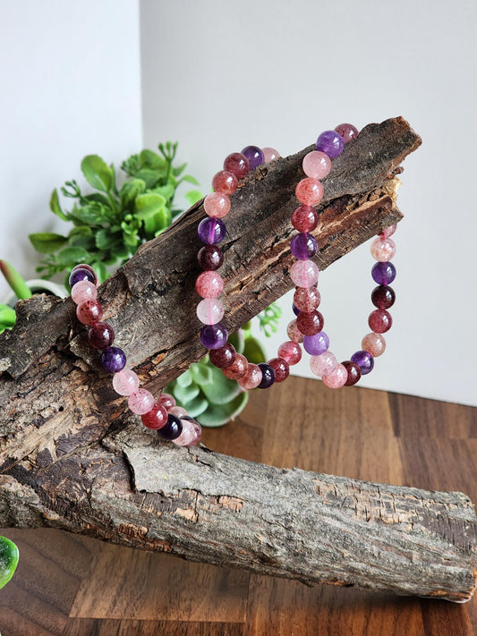 Super 7 Bracelet: 7.5 MM Sacred Seven Melody Stone Crystal Beads | Natural Rainbow Purple, Red, Pink Jewelry | Rare High Vibration Energy