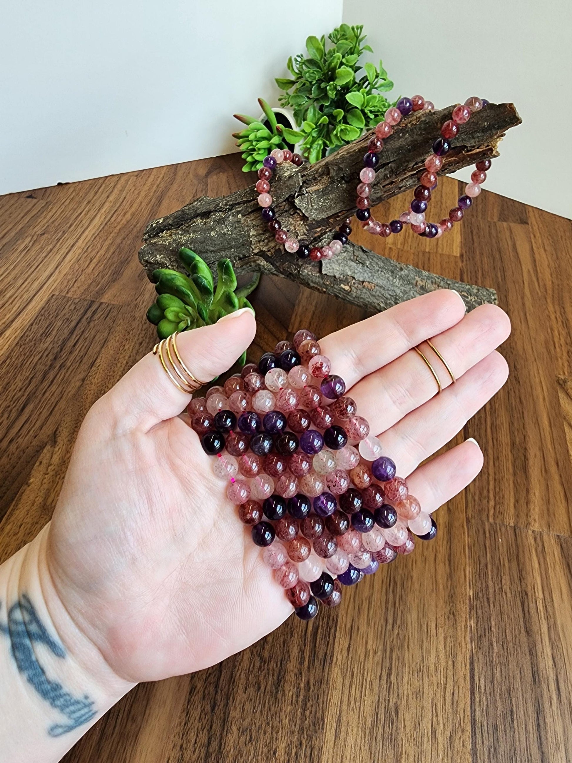 Super 7 Bracelet: 7.5 MM Sacred Seven Melody Stone Crystal Beads | Natural Rainbow Purple, Red, Pink Jewelry | Rare High Vibration Energy