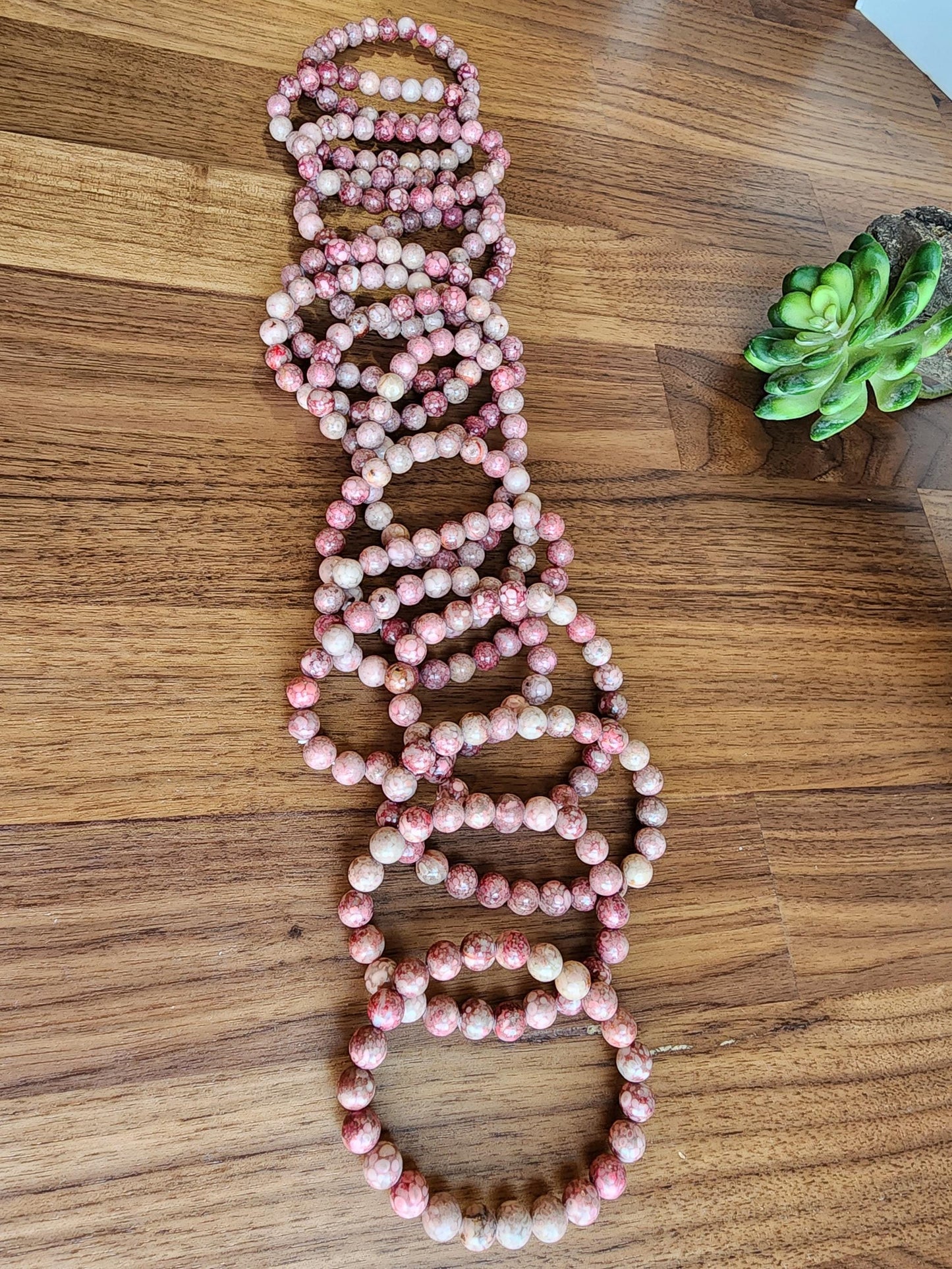 Pink Fossil Coral Bracelet: 8MM Red Chrysanthemum Crystal Beads | Maifanite Stone | Unique Pink Snowflake Llanite | Rare Jewelry Gift Idea