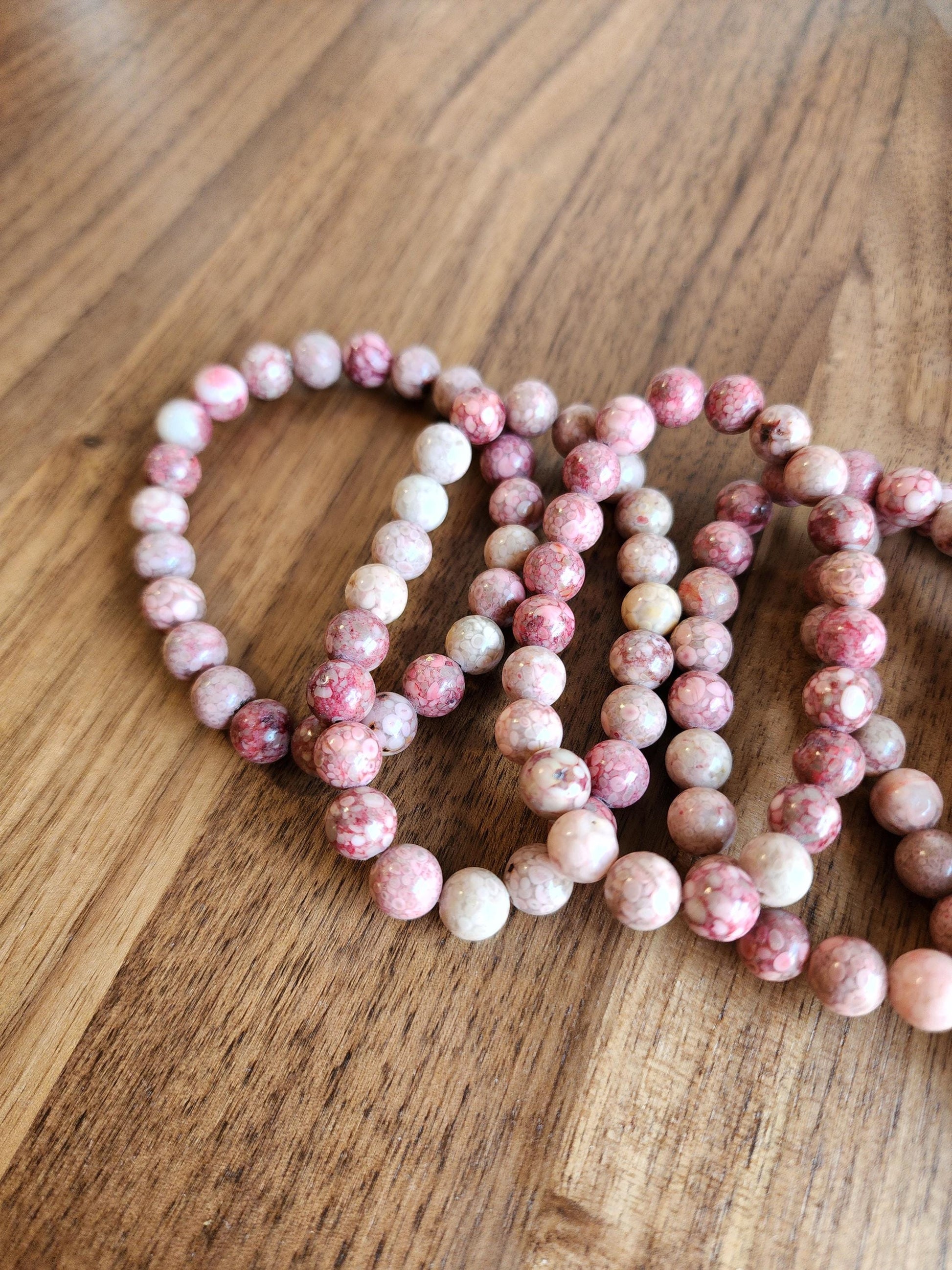 Pink Fossil Coral Bracelet: 8MM Red Chrysanthemum Crystal Beads | Maifanite Stone | Unique Pink Snowflake Llanite | Rare Jewelry Gift Idea