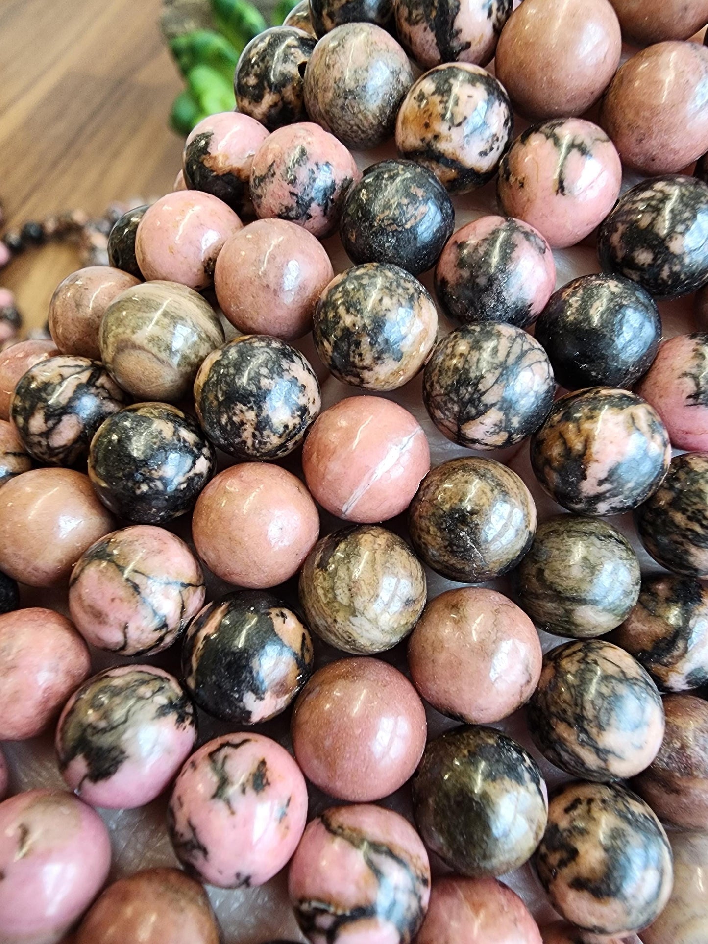 Black Veined Rhodonite Bracelet: 8MM Pink Crystal Beads with Spideweb Patterns | Edgy Cool Gift for a Goth Girl or a Steampunk Teen