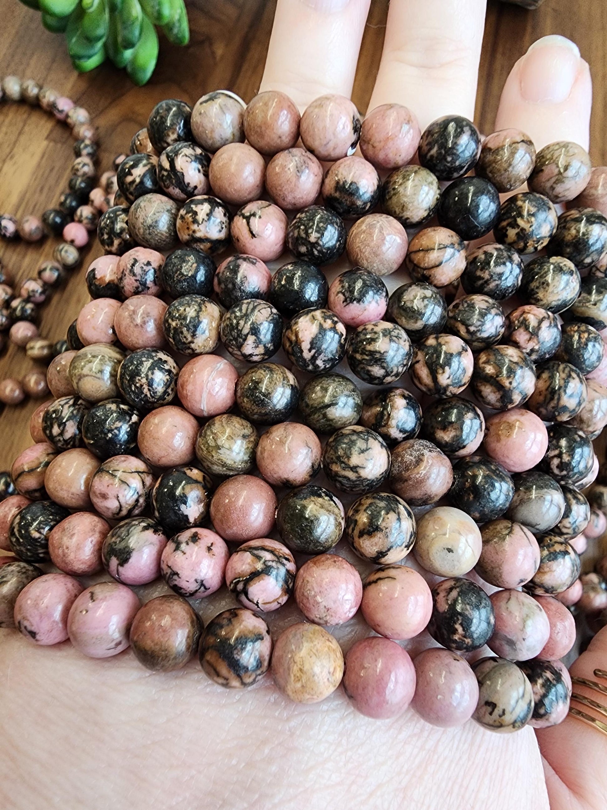 Black Veined Rhodonite Bracelet: 8MM Pink Crystal Beads with Spideweb Patterns | Edgy Cool Gift for a Goth Girl or a Steampunk Teen