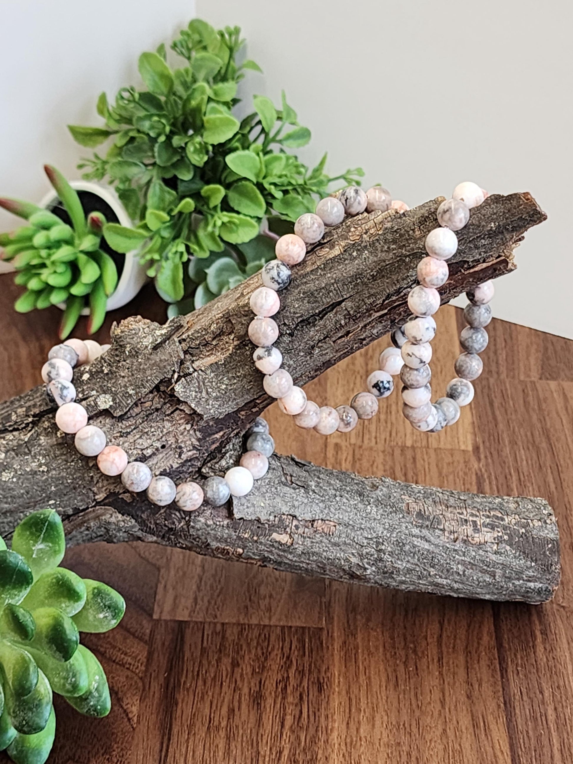 Pink Zebra Jasper: 8MM Natural Crystal Beads | Subtle Gray Pink and White Hues | Perfect gift for Teens, Easter Baskets, and Fun Summer Fits