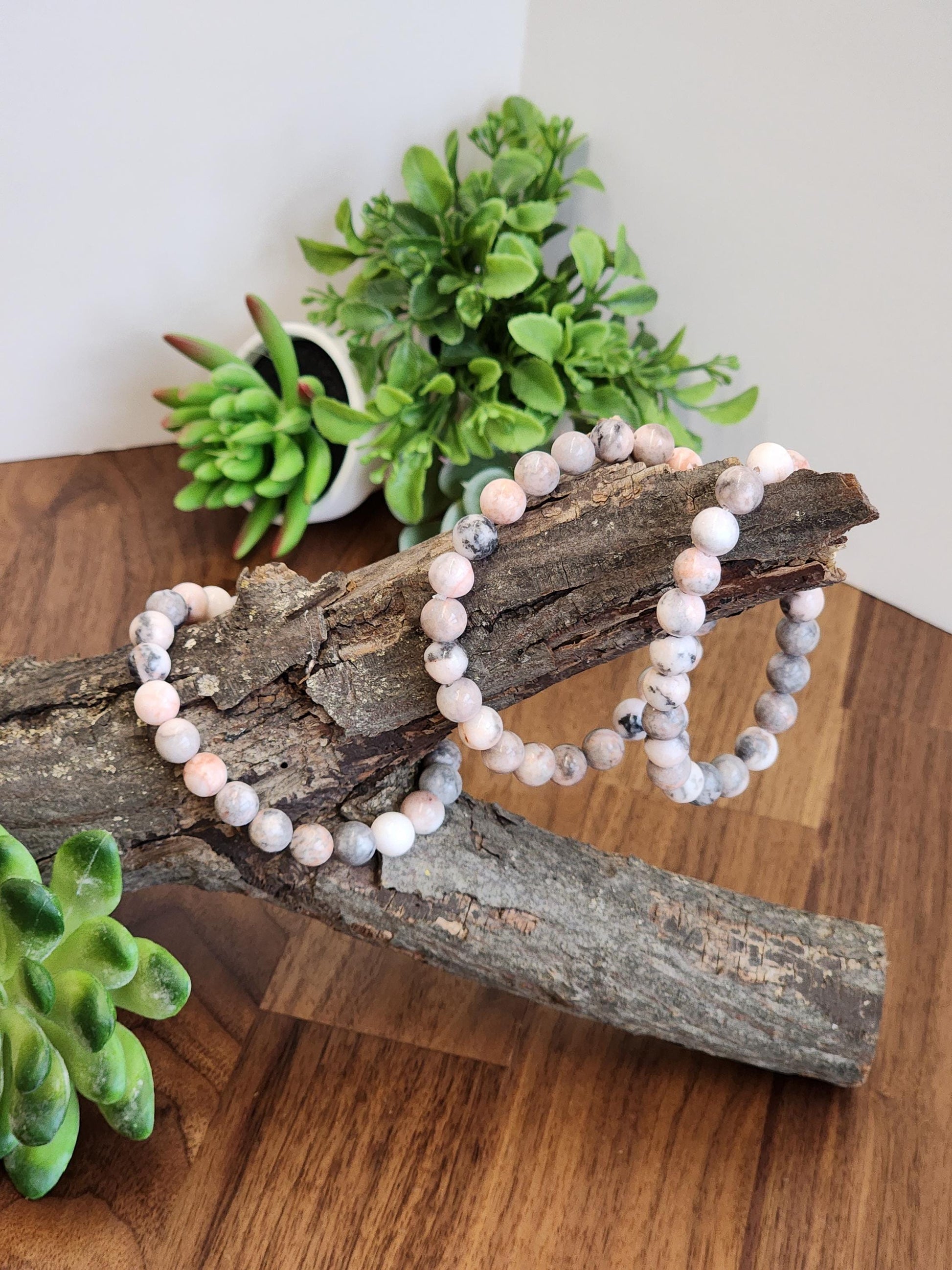Pink Zebra Jasper: 8MM Natural Crystal Beads | Subtle Gray Pink and White Hues | Perfect gift for Teens, Easter Baskets, and Fun Summer Fits