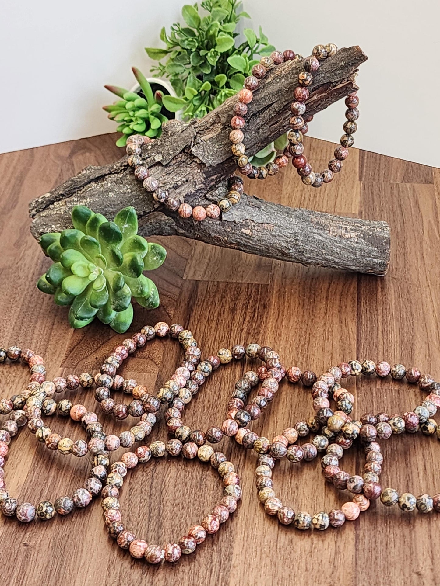 Leopardite Crystal Bracelet: 8MM Leopard Skin Jasper Beads, aka Safari Jaguar Stone | Pink Red Tan Green Patterns for Wild Girly Side Gifts