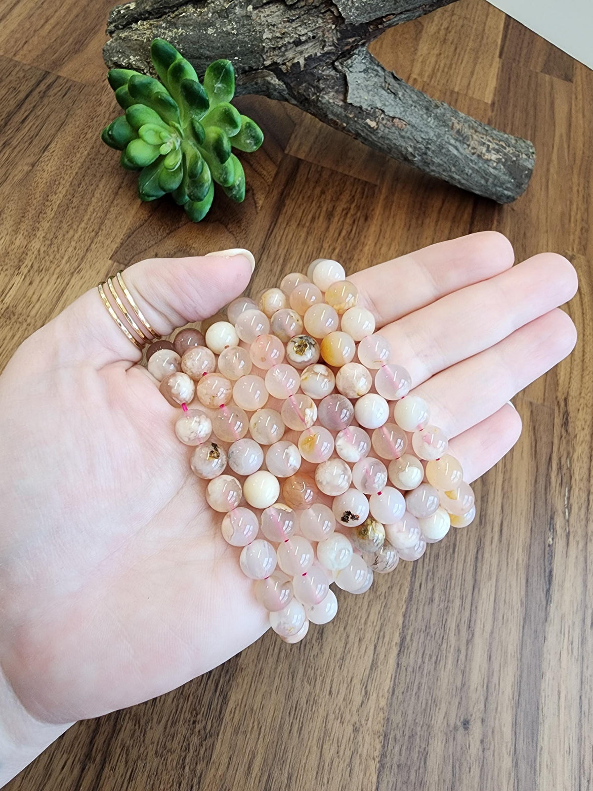 Flower Agate Bracelet: 8MM Crystal beads in peachy pink hues with Blossom Inclusions | Spring or Easter | Summer Garden Outfit Idea