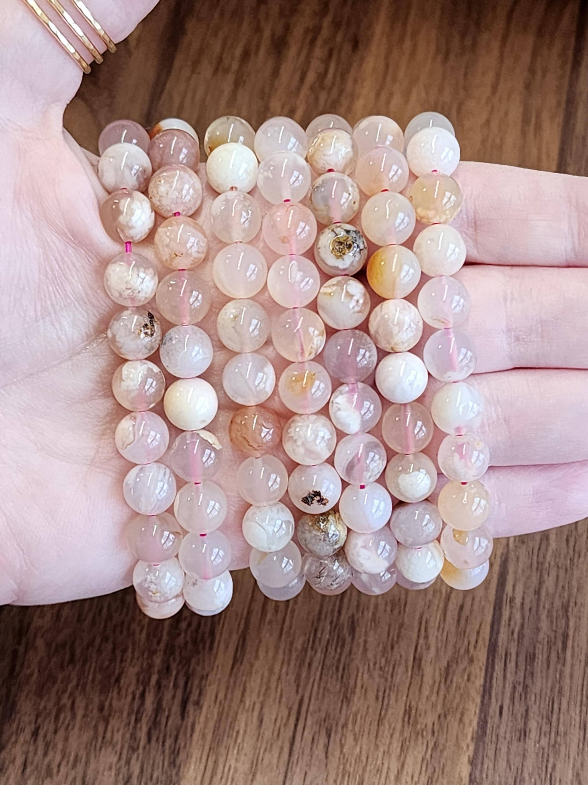 Flower Agate Bracelet: 8MM Crystal beads in peachy pink hues with Blossom Inclusions | Spring or Easter | Summer Garden Outfit Idea