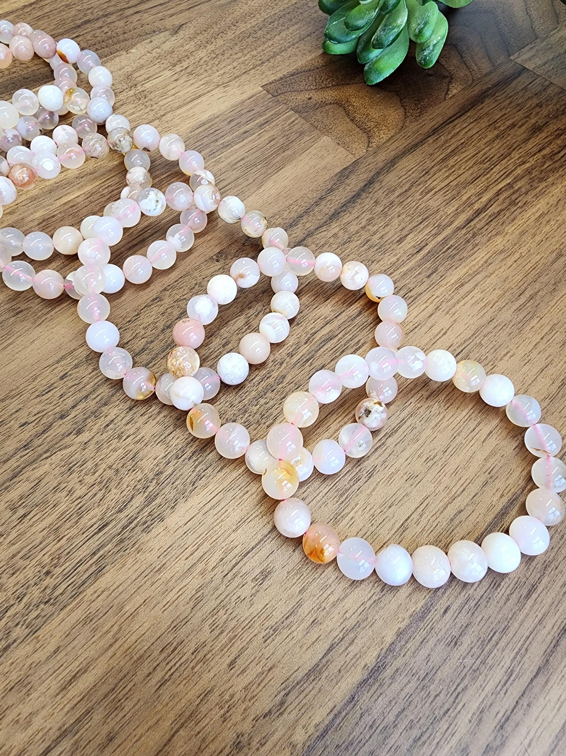 Flower Agate Bracelet: 8MM Crystal beads in peachy pink hues with Blossom Inclusions | Spring or Easter | Summer Garden Outfit Idea