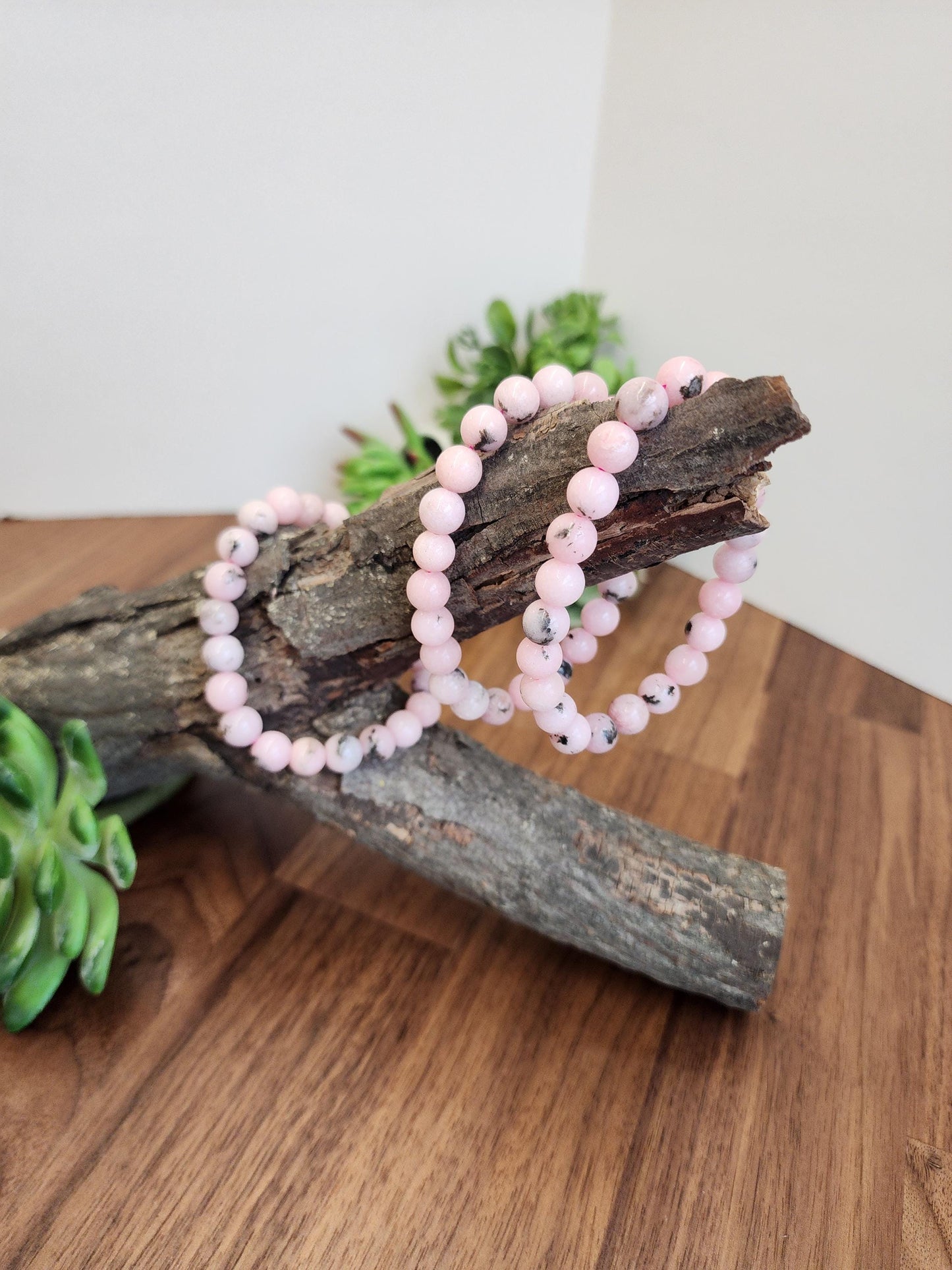 Pink Dendritic Opal Bracelet: 8MM Natural Crystal Beads Enhanced with Pale Pink Dye | Mother's Day Gift or Easter Basket Stuffer for Kids