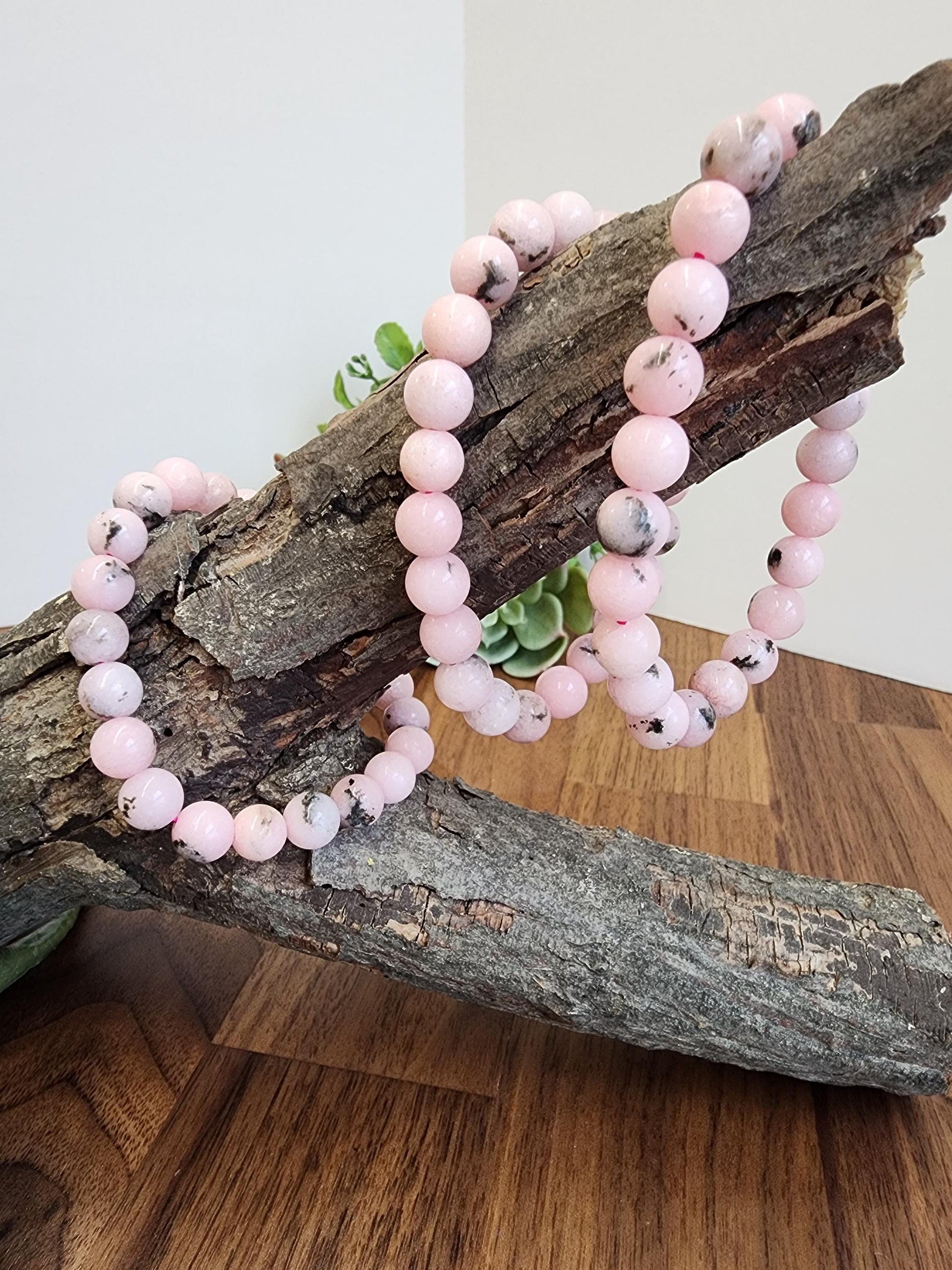 Pink Dendritic Opal Bracelet: 8MM Natural Crystal Beads Enhanced with Pale Pink Dye | Mother's Day Gift or Easter Basket Stuffer for Kids