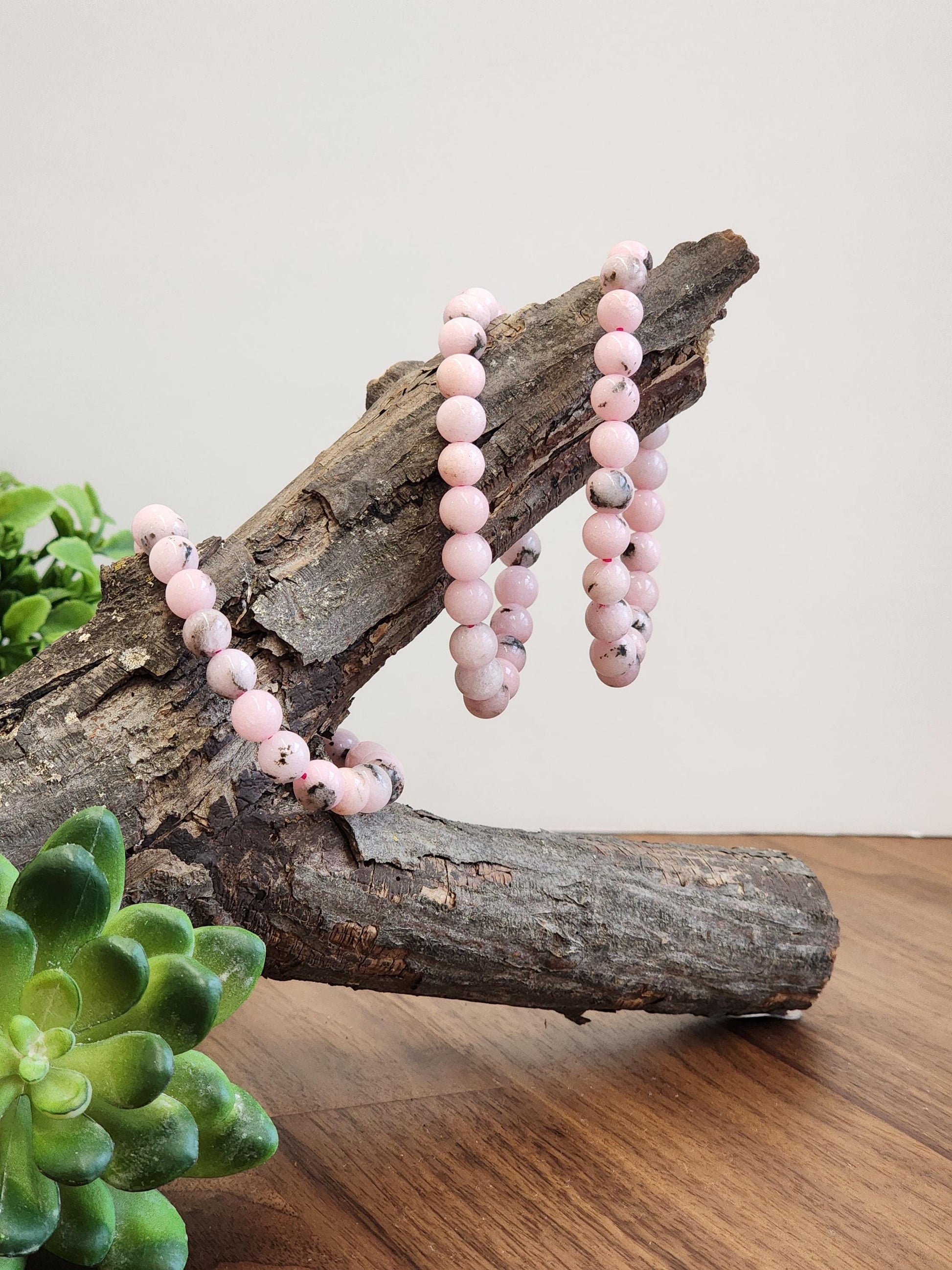 Pink Dendritic Opal Bracelet: 8MM Natural Crystal Beads Enhanced with Pale Pink Dye | Mother's Day Gift or Easter Basket Stuffer for Kids