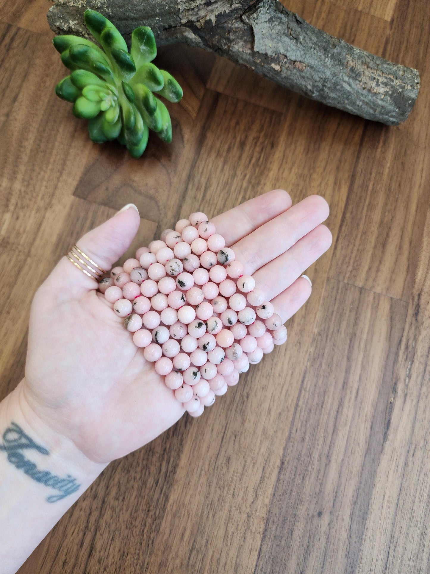 Pink Dendritic Opal Bracelet: 8MM Natural Crystal Beads Enhanced with Pale Pink Dye | Mother's Day Gift or Easter Basket Stuffer for Kids