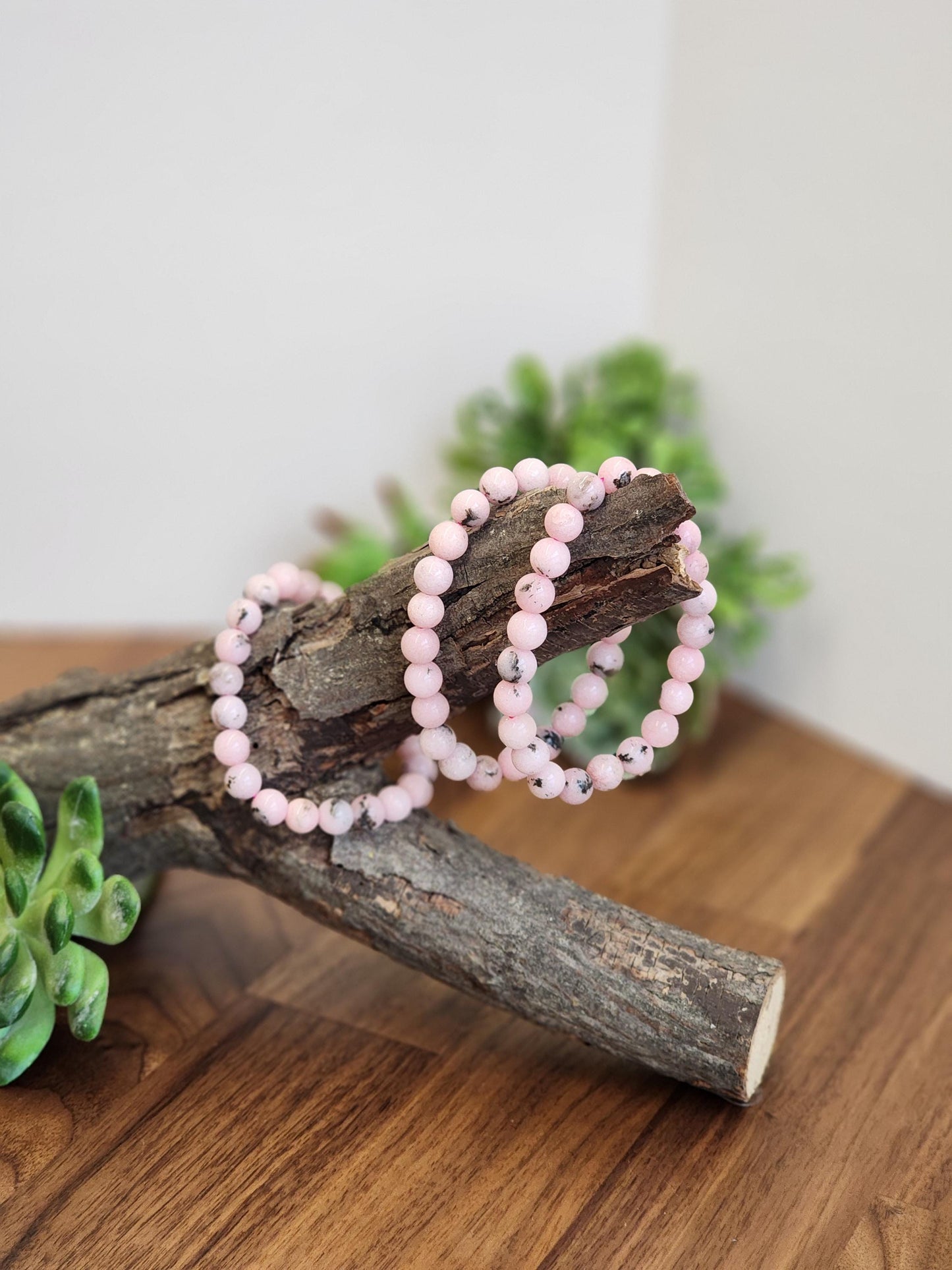 Pink Dendritic Opal Bracelet: 8MM Natural Crystal Beads Enhanced with Pale Pink Dye | Mother's Day Gift or Easter Basket Stuffer for Kids