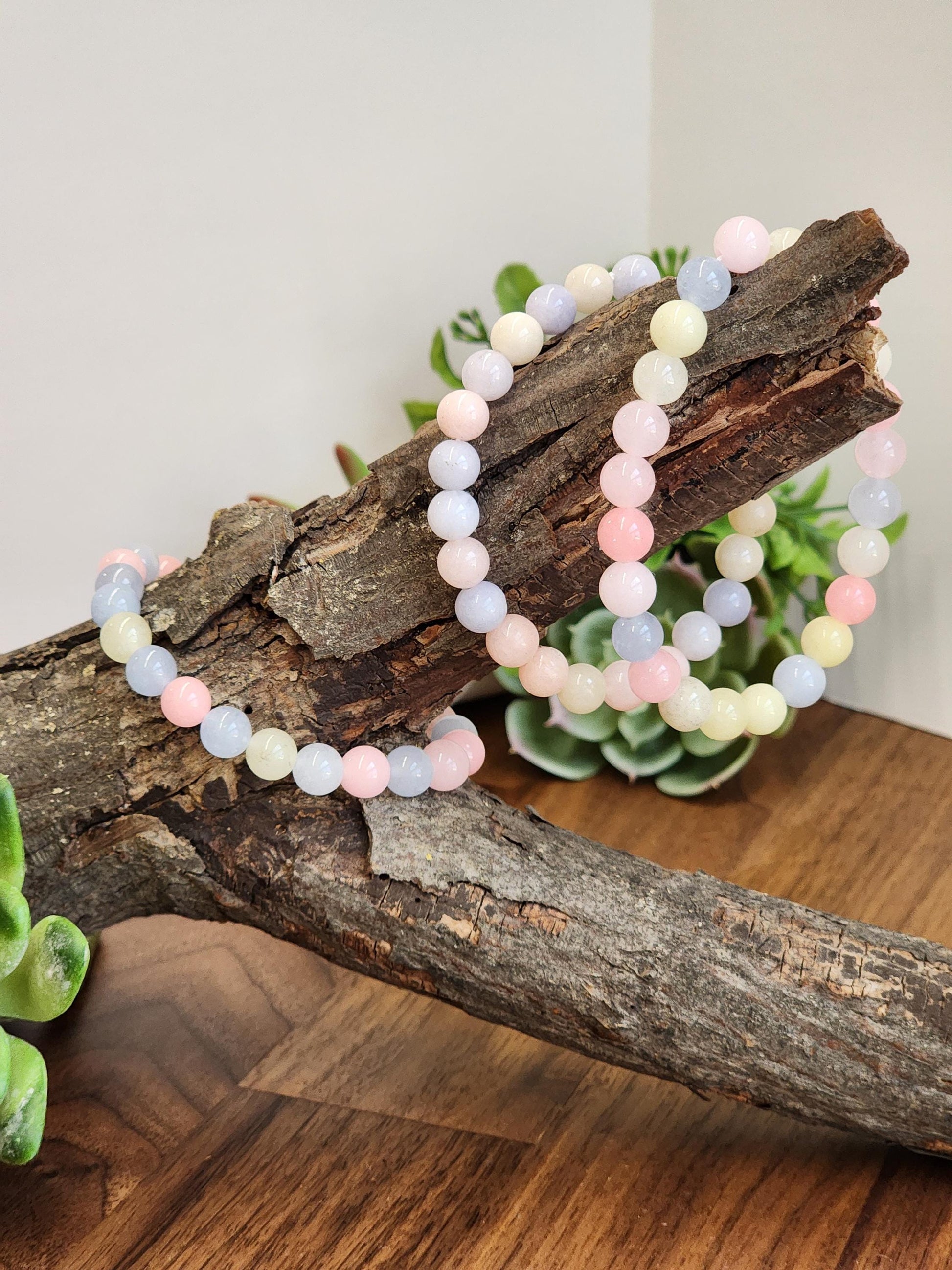 Morganite Crystal Bracelet: 8MM Natural Baby Pink, Soft Yellow, Cloudy Blue Beads | Perfect gift Easter or that Pastelcore Vibe for Spring