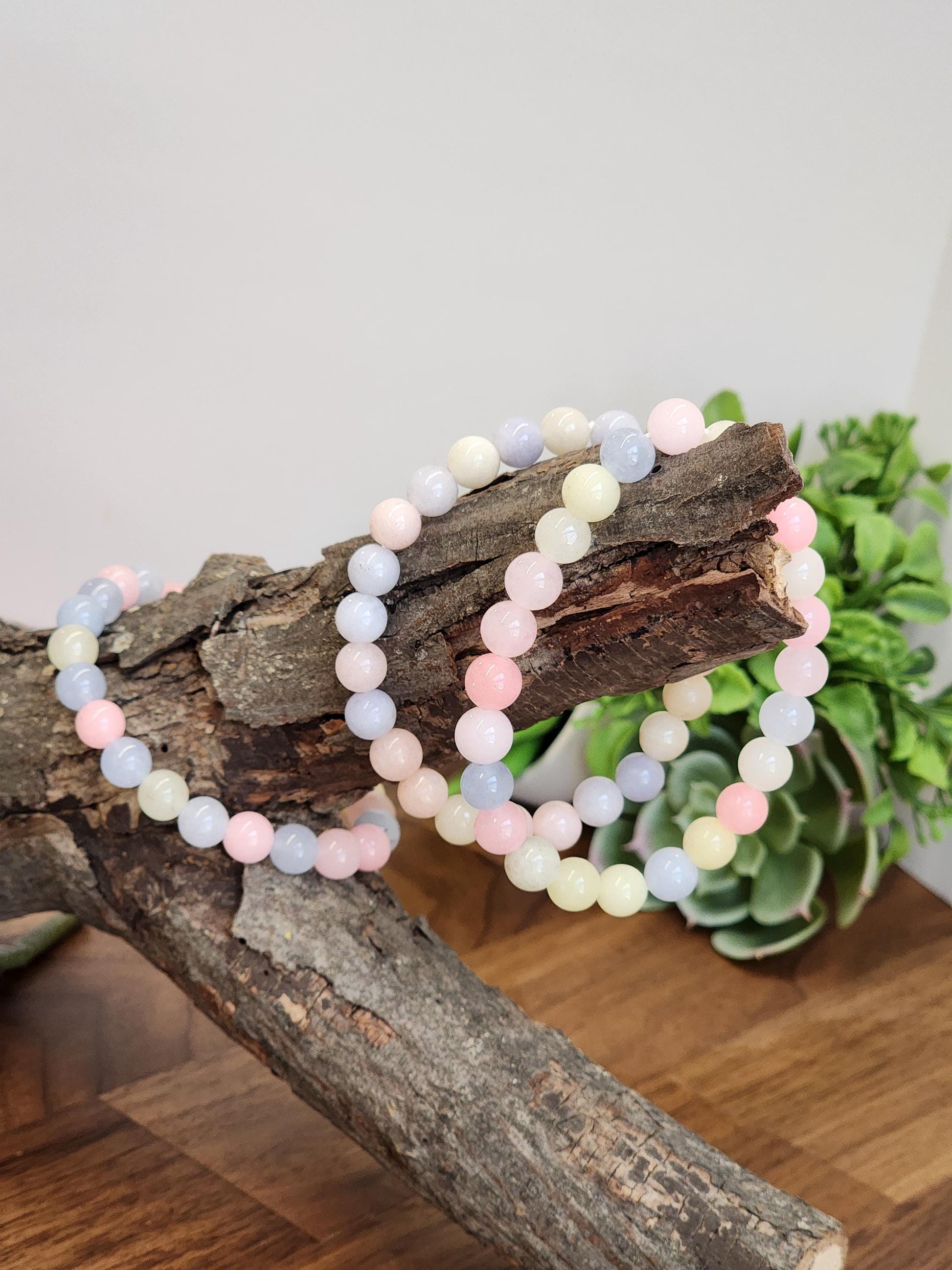 Morganite Crystal Bracelet: 8MM Natural Baby Pink, Soft Yellow, Cloudy Blue Beads | Perfect gift Easter or that Pastelcore Vibe for Spring