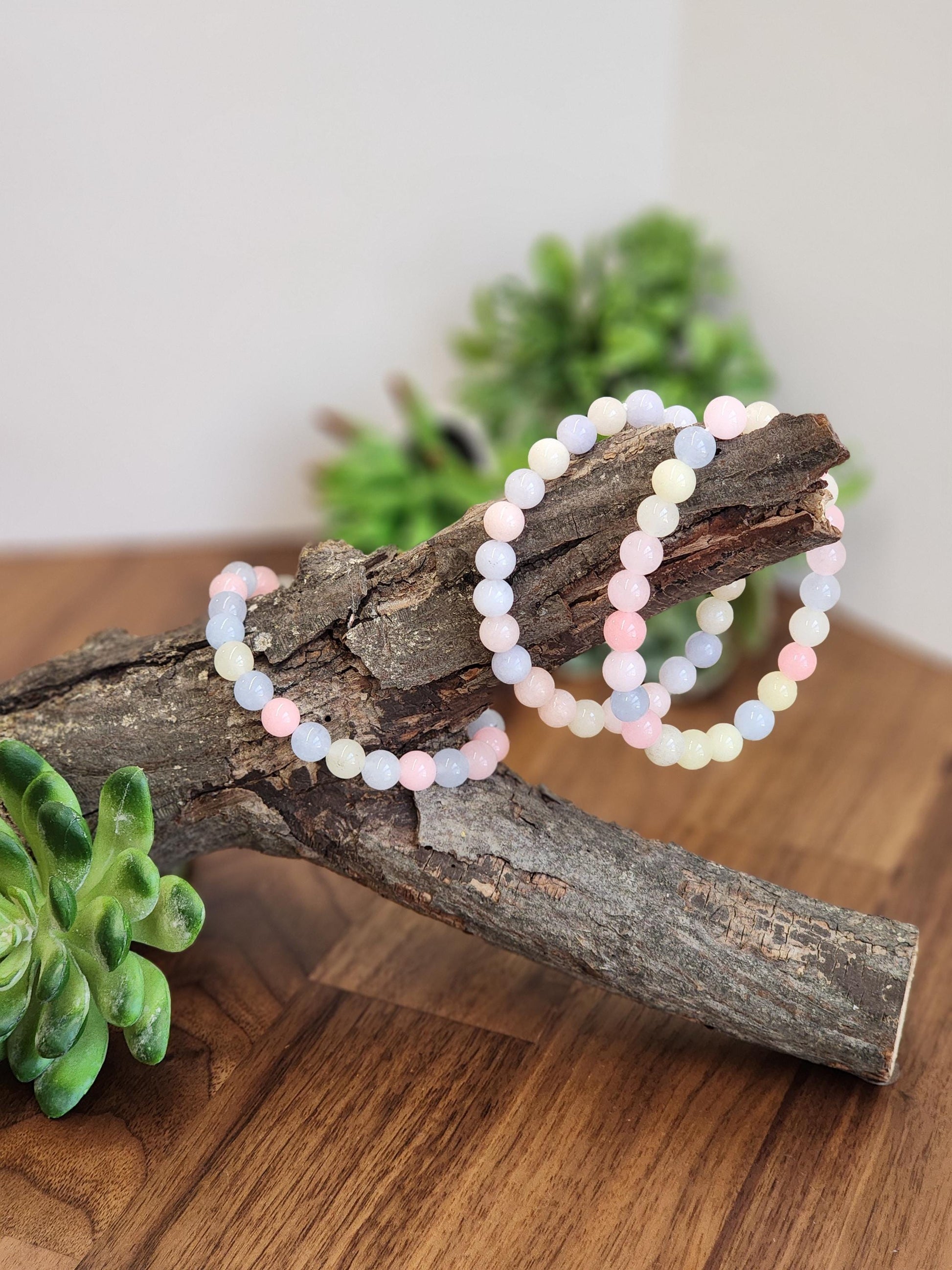 Morganite Crystal Bracelet: 8MM Natural Baby Pink, Soft Yellow, Cloudy Blue Beads | Perfect gift Easter or that Pastelcore Vibe for Spring
