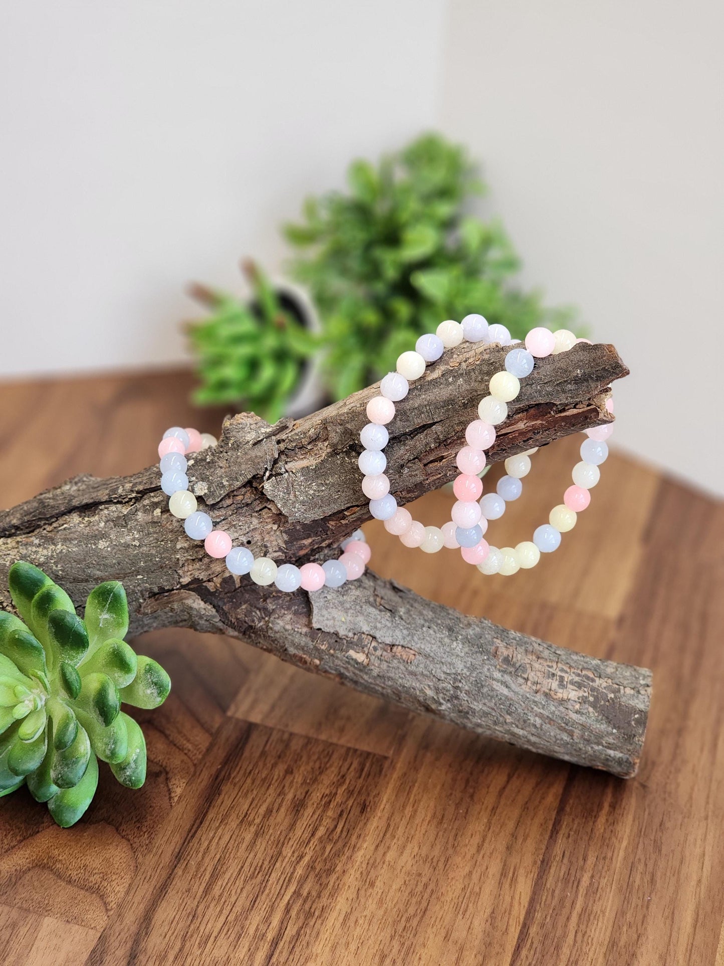 Morganite Crystal Bracelet: 8MM Natural Baby Pink, Soft Yellow, Cloudy Blue Beads | Perfect gift Easter or that Pastelcore Vibe for Spring