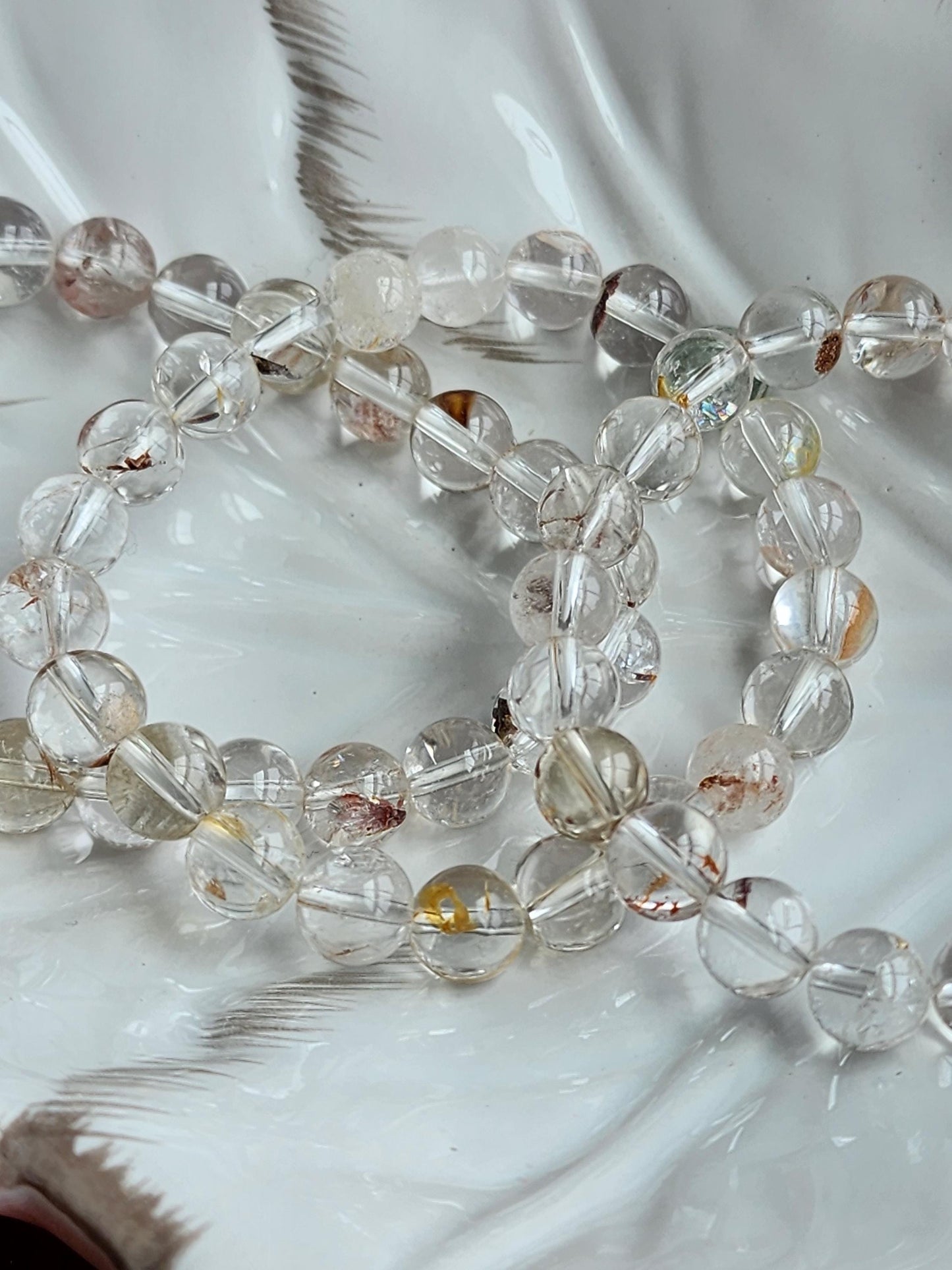 Clear Garden Quartz Bracelet: 8MM Natural Crystal Beads | Gemstones with Subtle Brown, Tan and Green Garden Inclusions