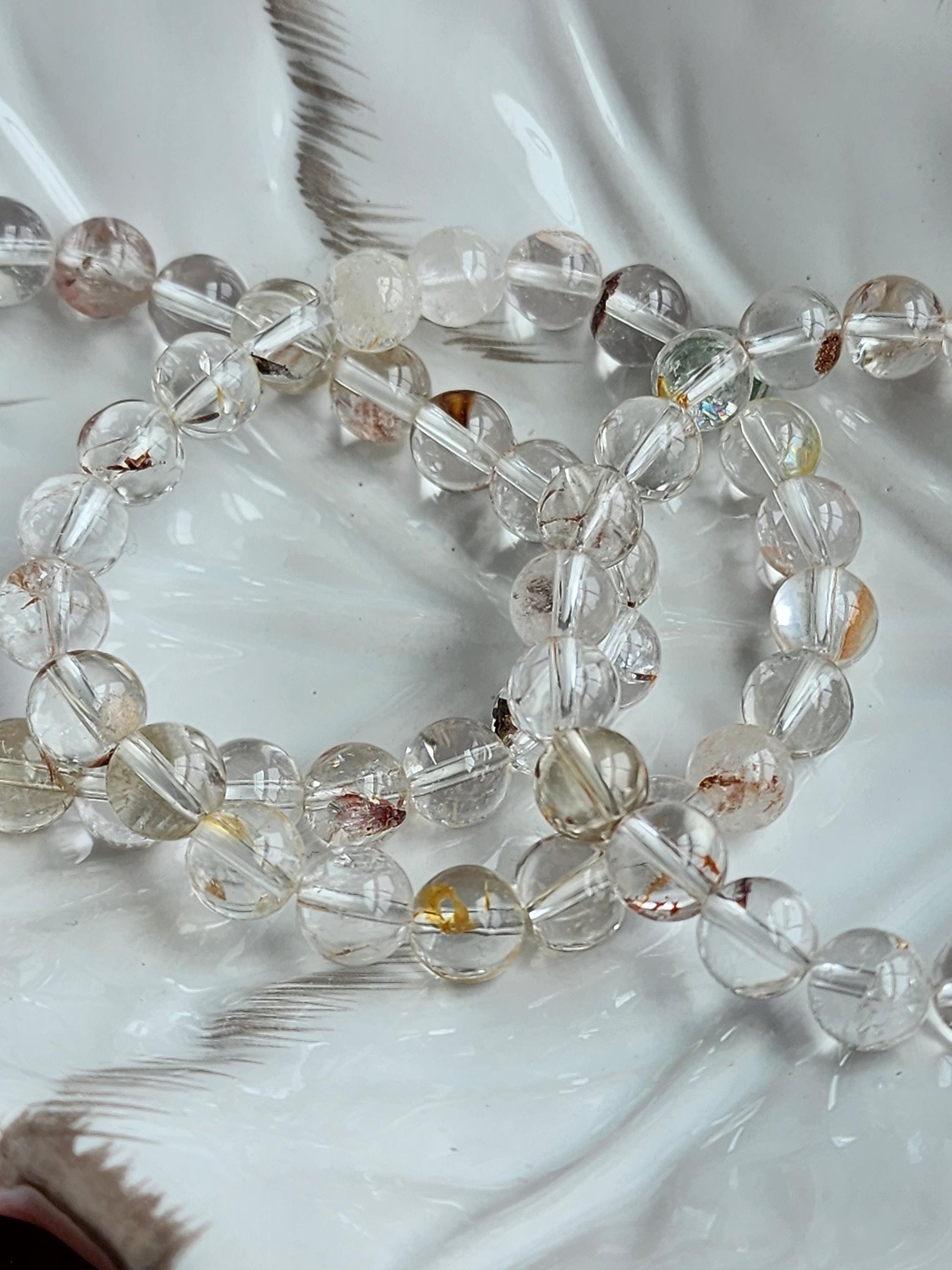 Clear Garden Quartz Bracelet: 8MM Natural Crystal Beads | Gemstones with Subtle Brown, Tan and Green Garden Inclusions