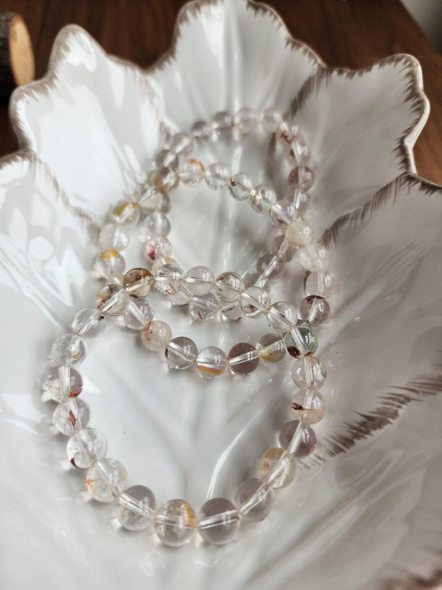 Clear Garden Quartz Bracelet: 8MM Natural Crystal Beads | Gemstones with Subtle Brown, Tan and Green Garden Inclusions