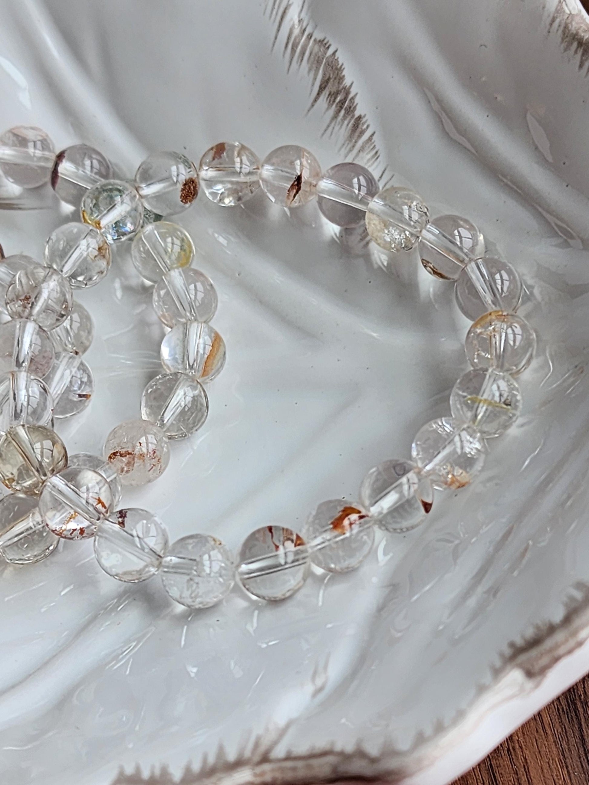 Clear Garden Quartz Bracelet: 8MM Natural Crystal Beads | Gemstones with Subtle Brown, Tan and Green Garden Inclusions