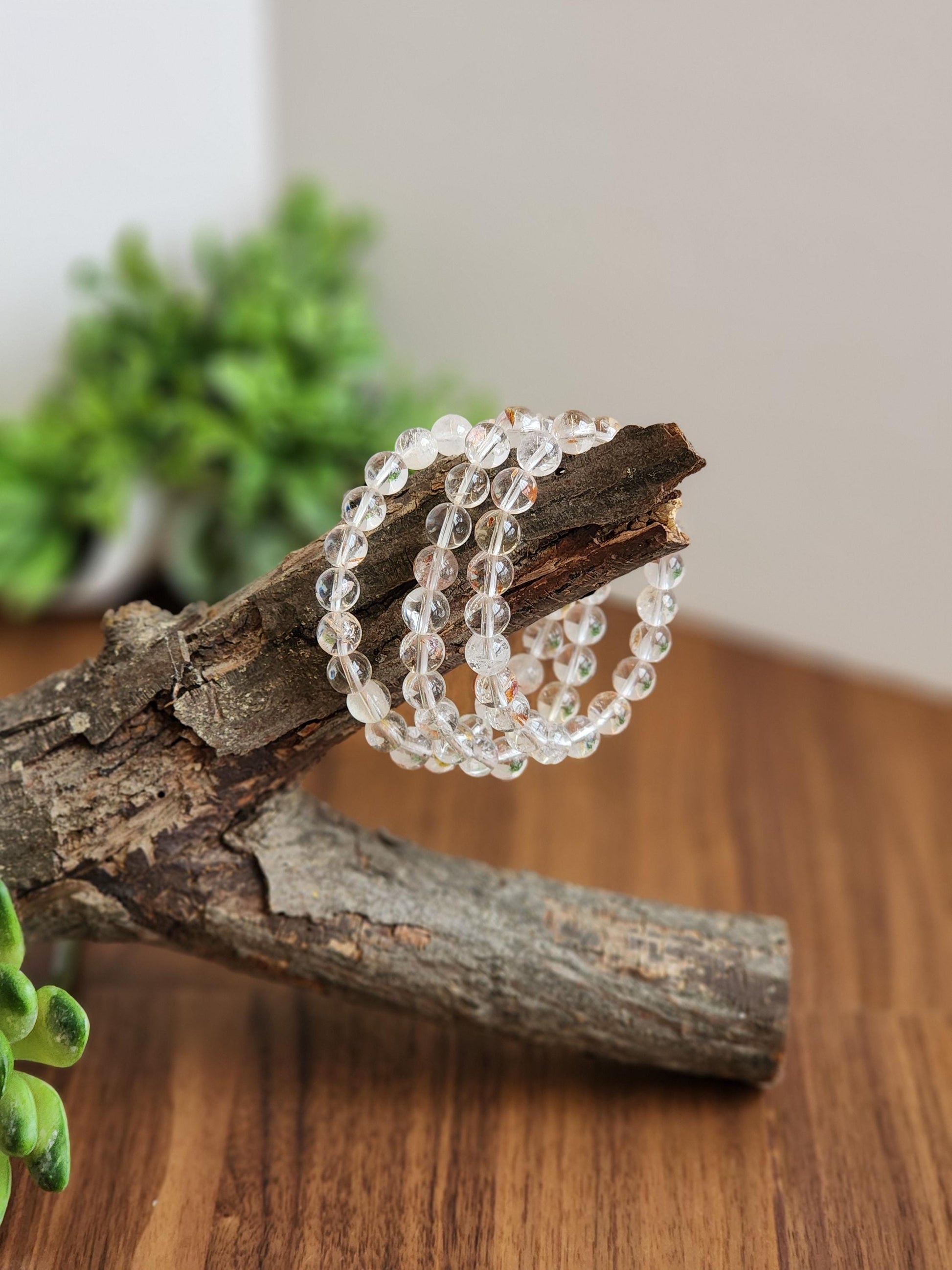 Clear Garden Quartz Bracelet: 8MM Natural Crystal Beads | Gemstones with Subtle Brown, Tan and Green Garden Inclusions