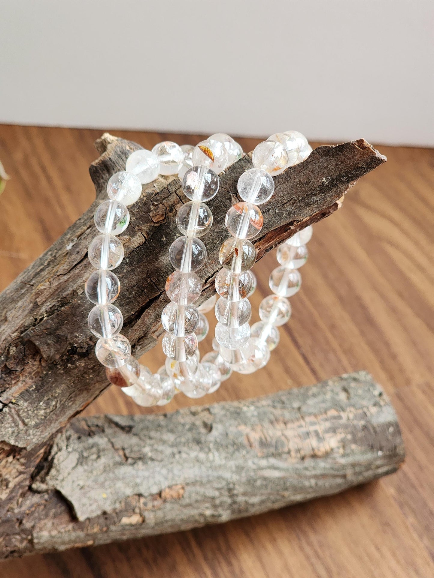 Clear Garden Quartz Bracelet: 8MM Natural Crystal Beads | Gemstones with Subtle Brown, Tan and Green Garden Inclusions
