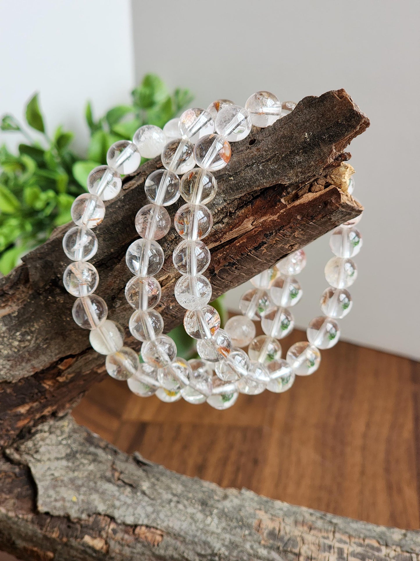 Clear Garden Quartz Bracelet: 8MM Natural Crystal Beads | Gemstones with Subtle Brown, Tan and Green Garden Inclusions