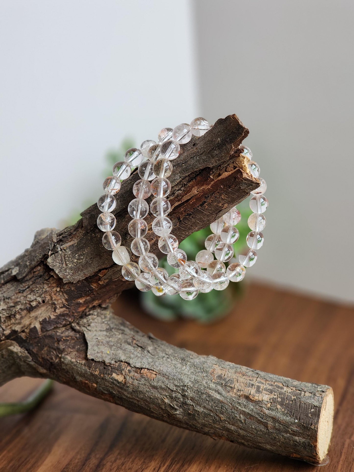 Clear Garden Quartz Bracelet: 8MM Natural Crystal Beads | Gemstones with Subtle Brown, Tan and Green Garden Inclusions